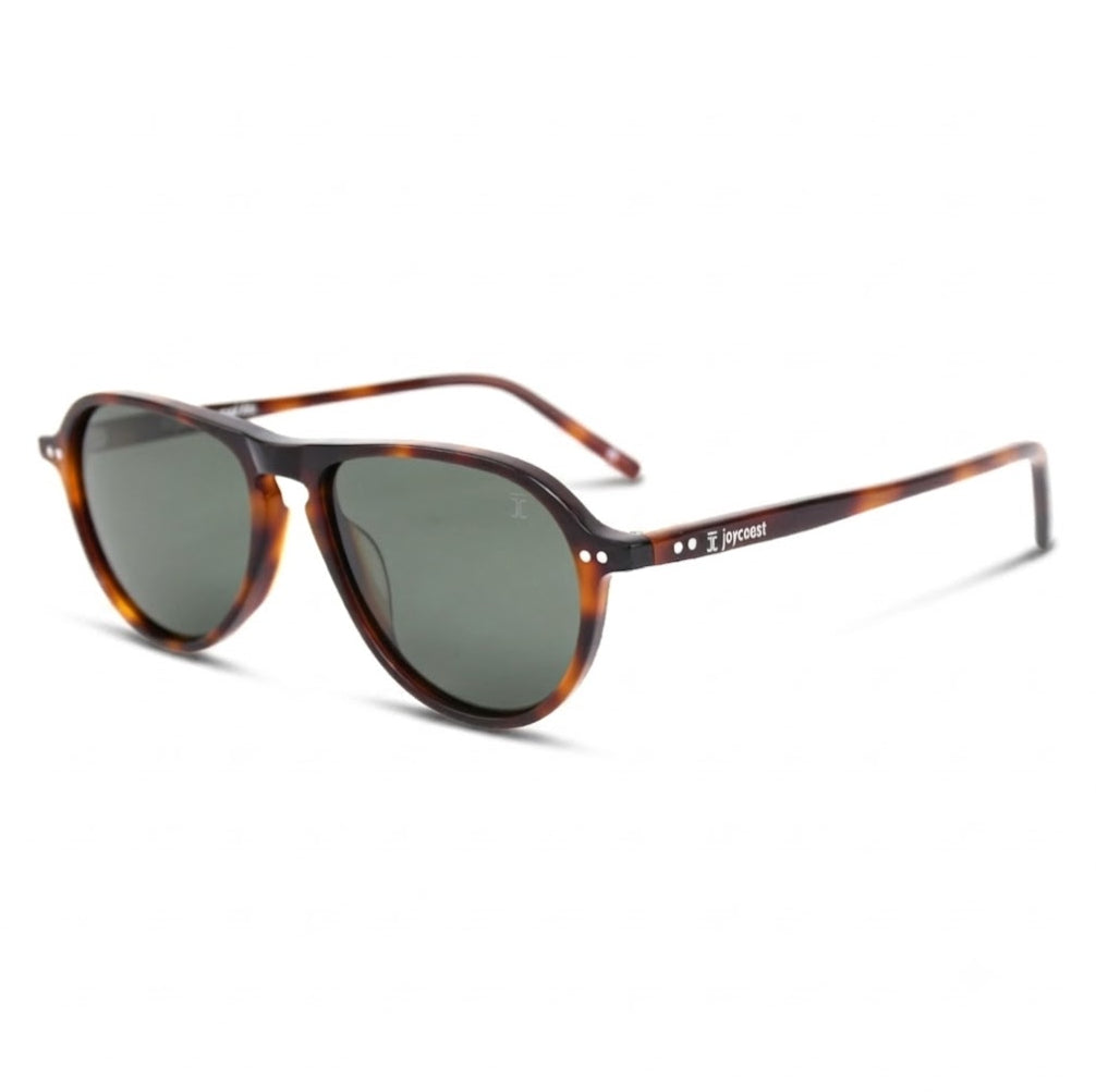 Collins tortoise acetate sunglasses with dark green lenses, full-frame