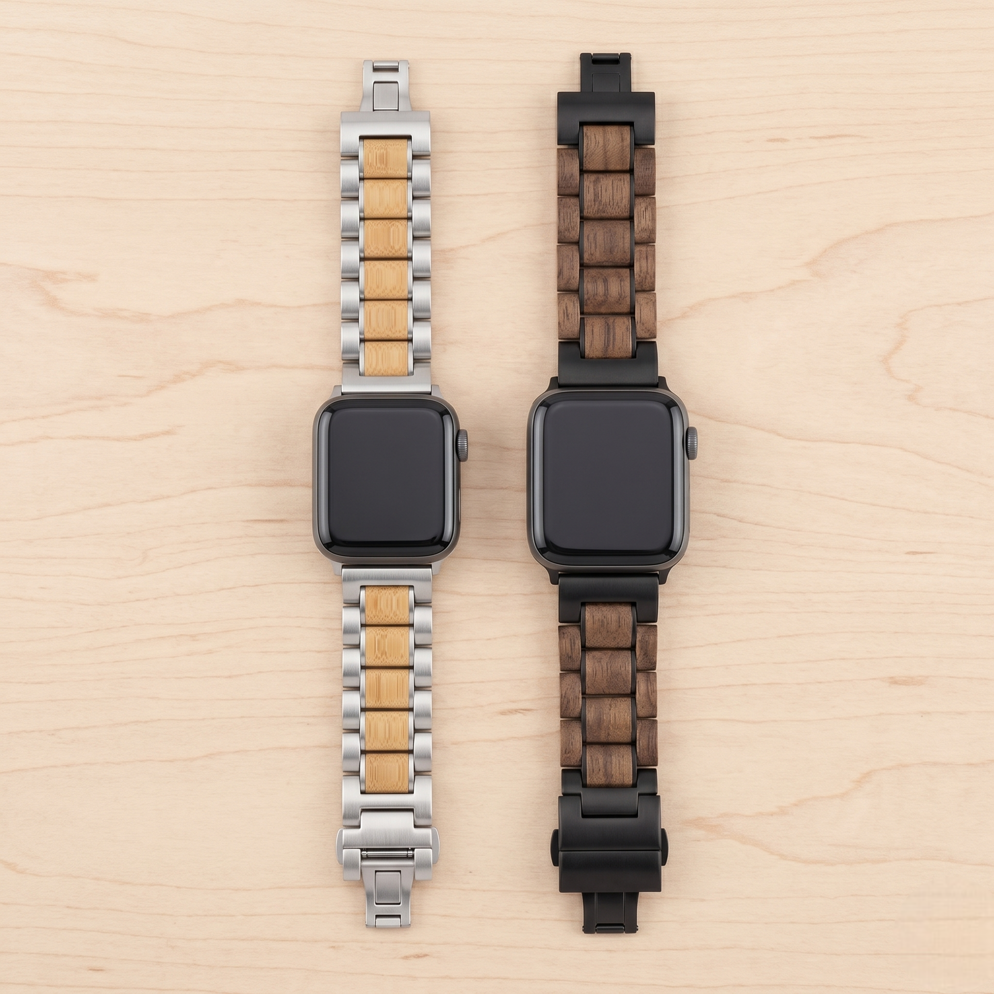 Two Apple Watches with wooden bands displayed on a table, showcasing their unique designs and craftsmanship.