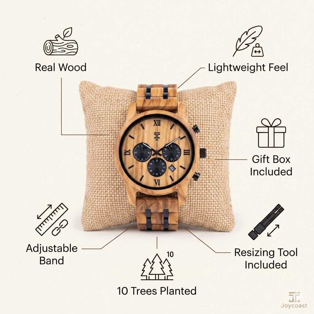 Round olive wood chronograph watch on fabric pillow with wooden link band