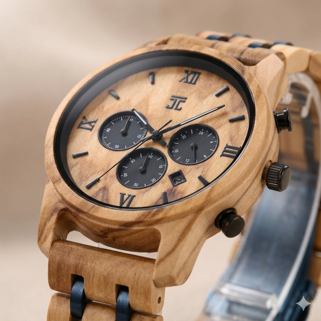 Olive wood chronograph watch with round light wood dial and multiple subdials