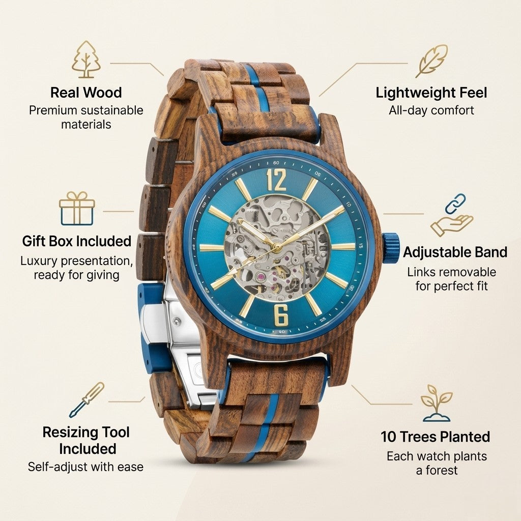 Wooden chronograph-style watch with blue dial and exposed mechanical movement, multi-wood band