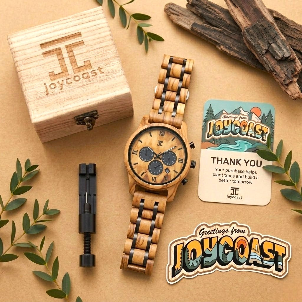 Olive wood chronograph watch with matching wooden link bracelet
