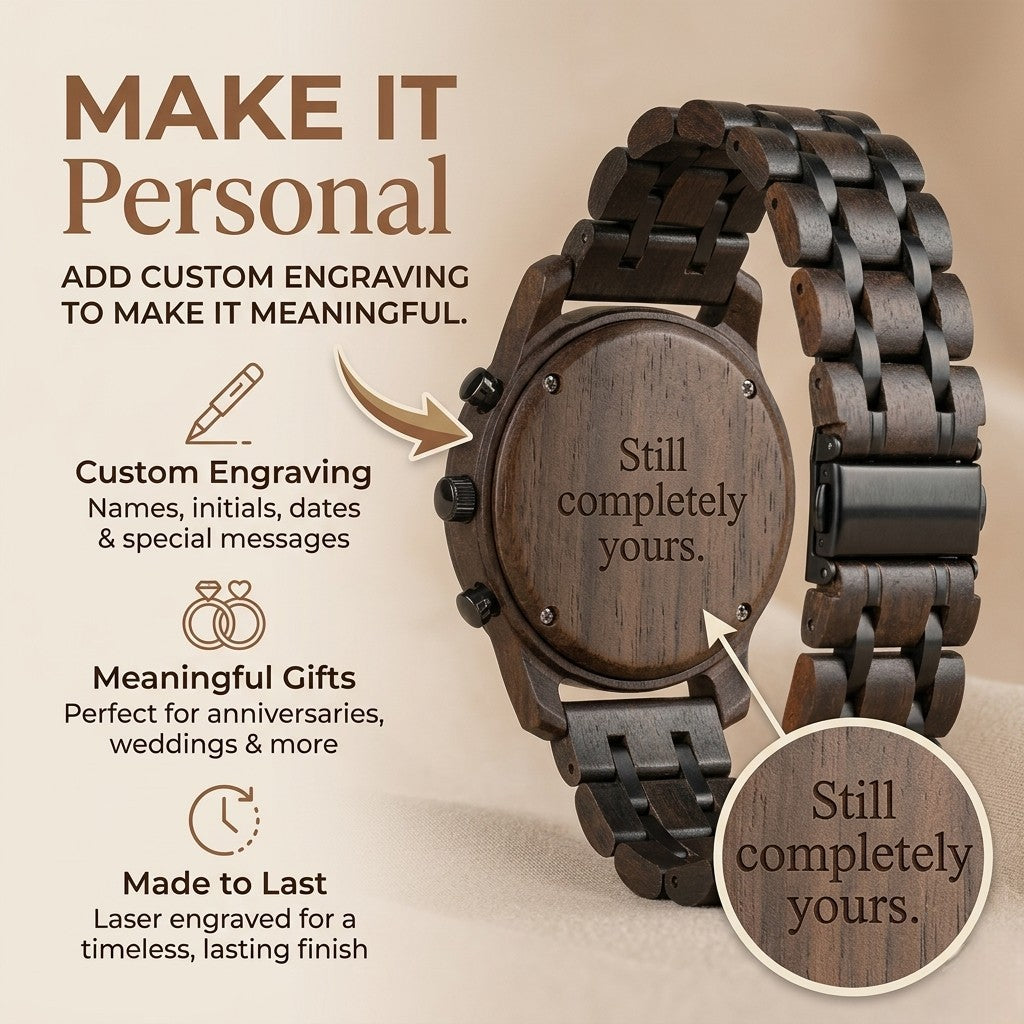 Wooden chronograph watch with black dial subdials and engraved caseback