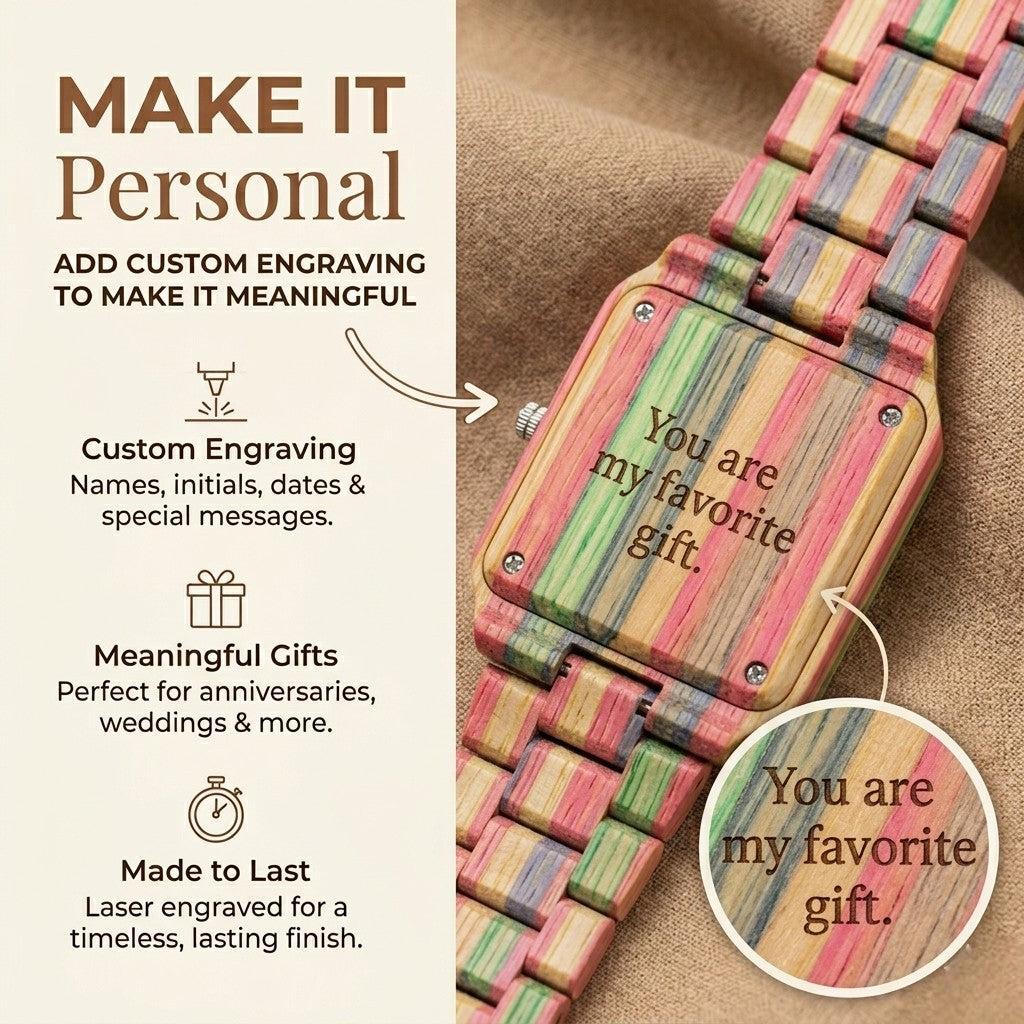 Square bamboo watch with engraving on strap, multicolor woven band and rainbow dial