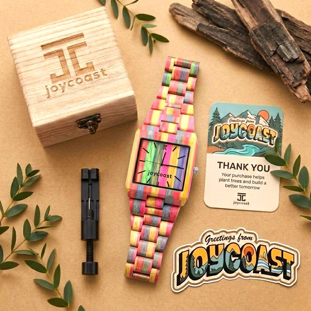 Square bamboo watch on display, multicolor woven strap and rainbow square dial