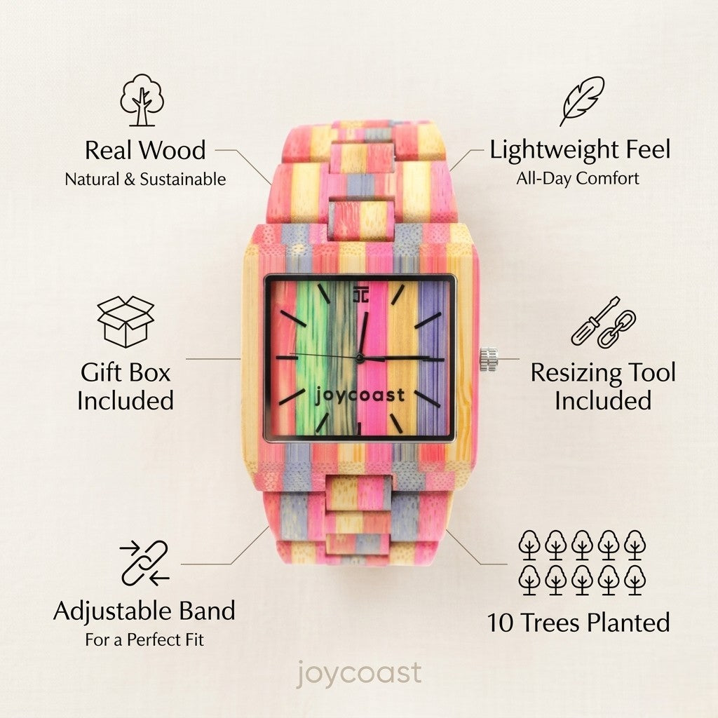 Square bamboo watch front view, pink and rainbow woven band with adjustable buckle