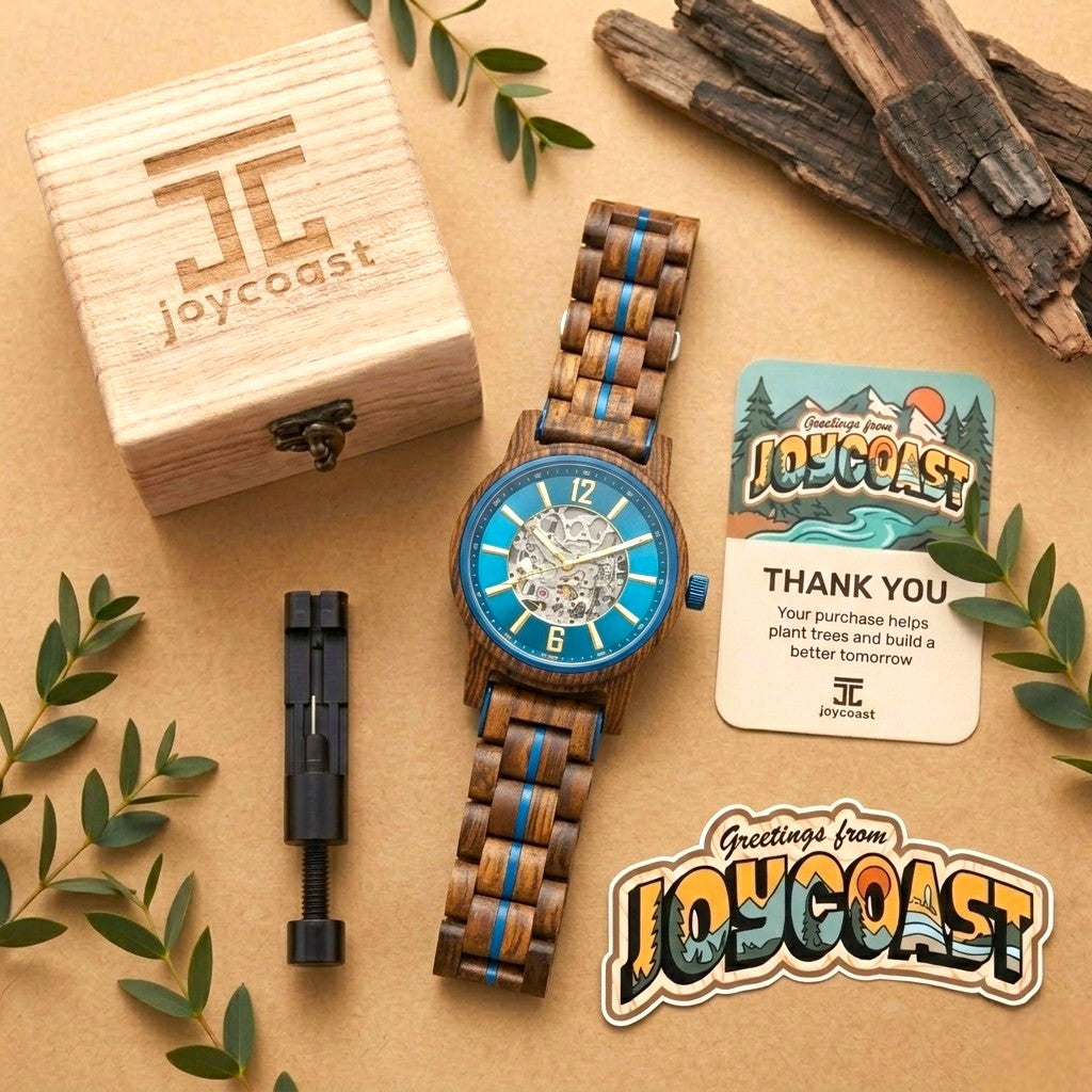 Wooden wristwatch with blue dial and turquoise accents on a multi-slat bracelet band