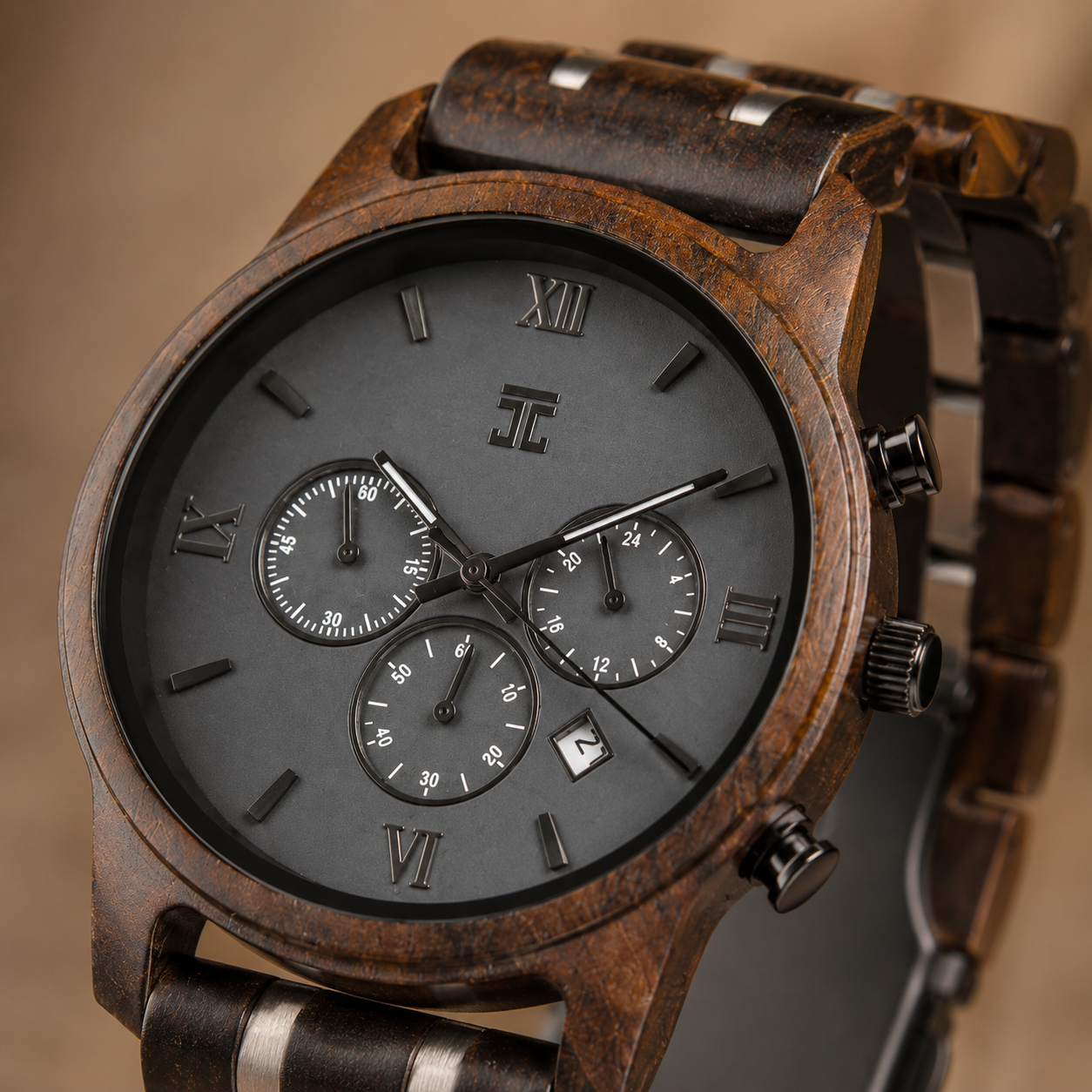 Wood chronograph watch close-up, gray dial with subdials and Roman numerals
