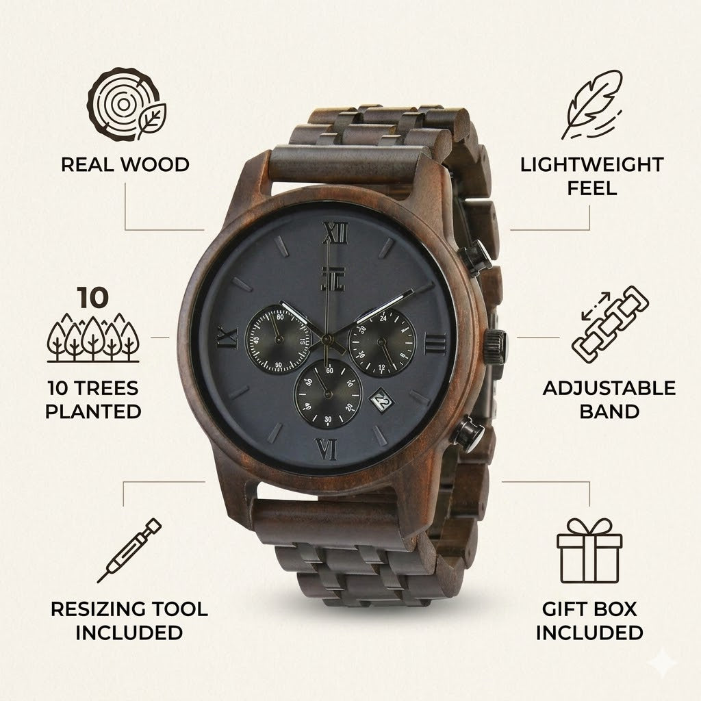 Wooden chronograph watch with dark dial, Roman numerals, and adjustable wood band