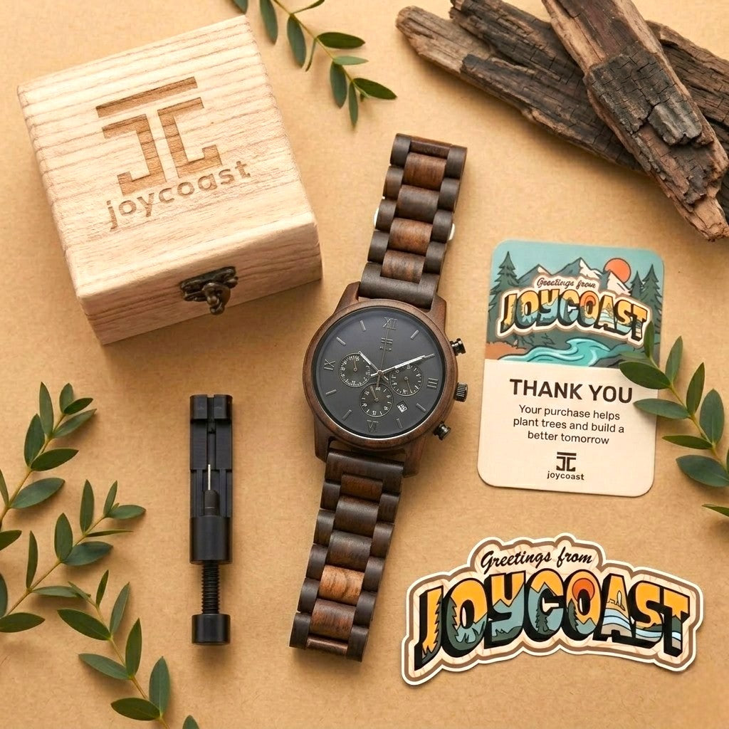 Wooden chronograph watch with dark dial and brown segmented link strap