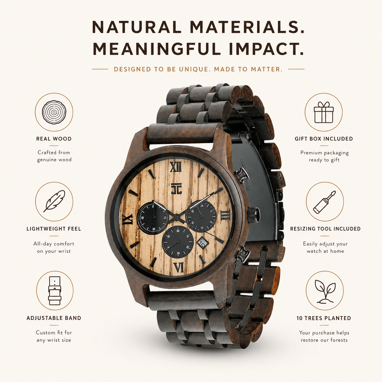 Round wood chronograph watch with black dial subdials and stacked link band