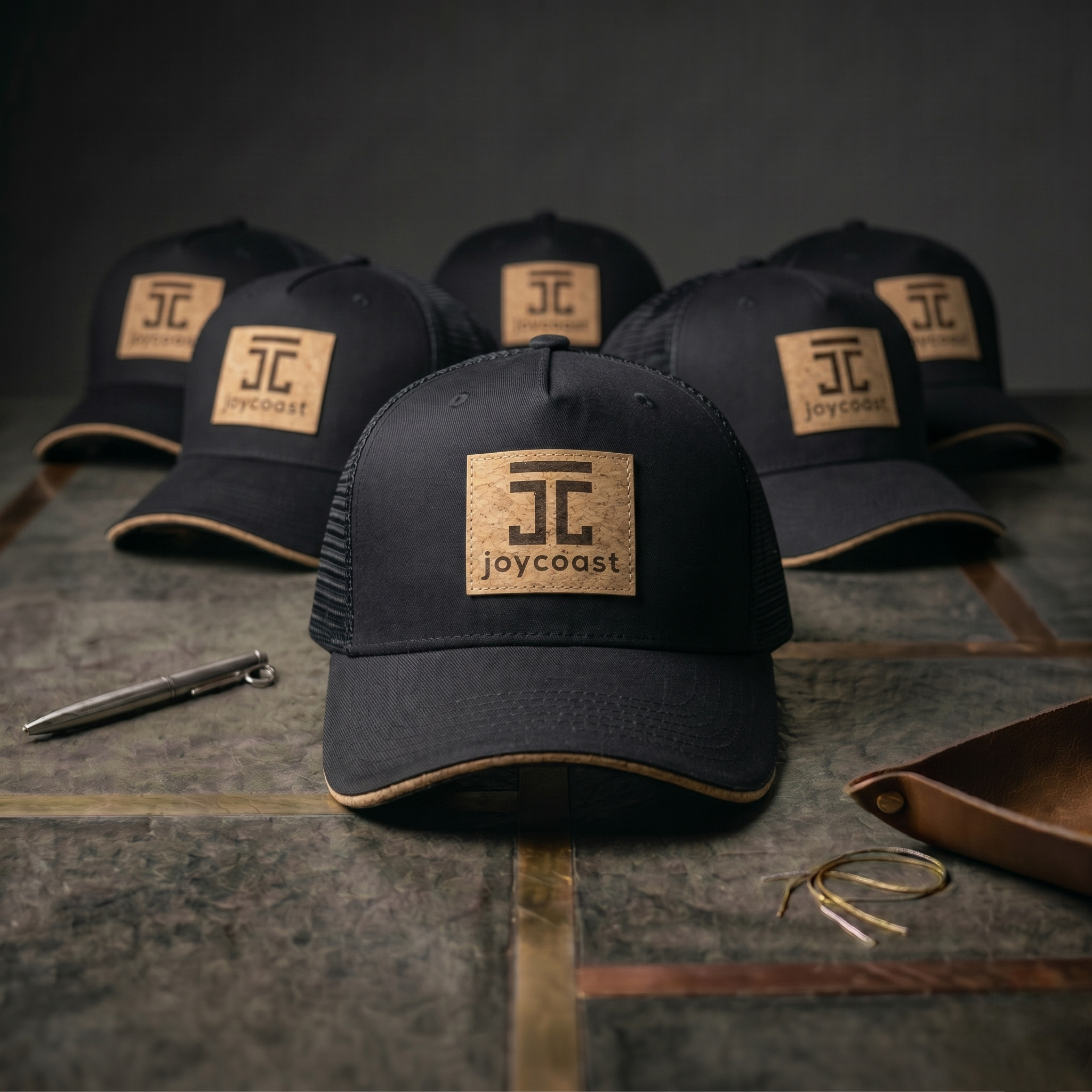 Close-up of a black mesh-back Joycoast cap featuring a cork JC monogram patch and matching brim trim.