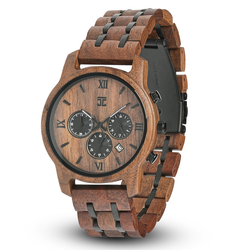 Walnut wood chronograph watch with wooden bracelet and three-dial face
