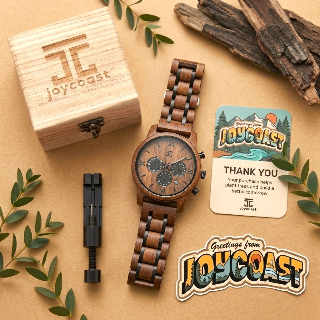 Wood chronograph watch on wooden-link bracelet with round brown dial and three subdials