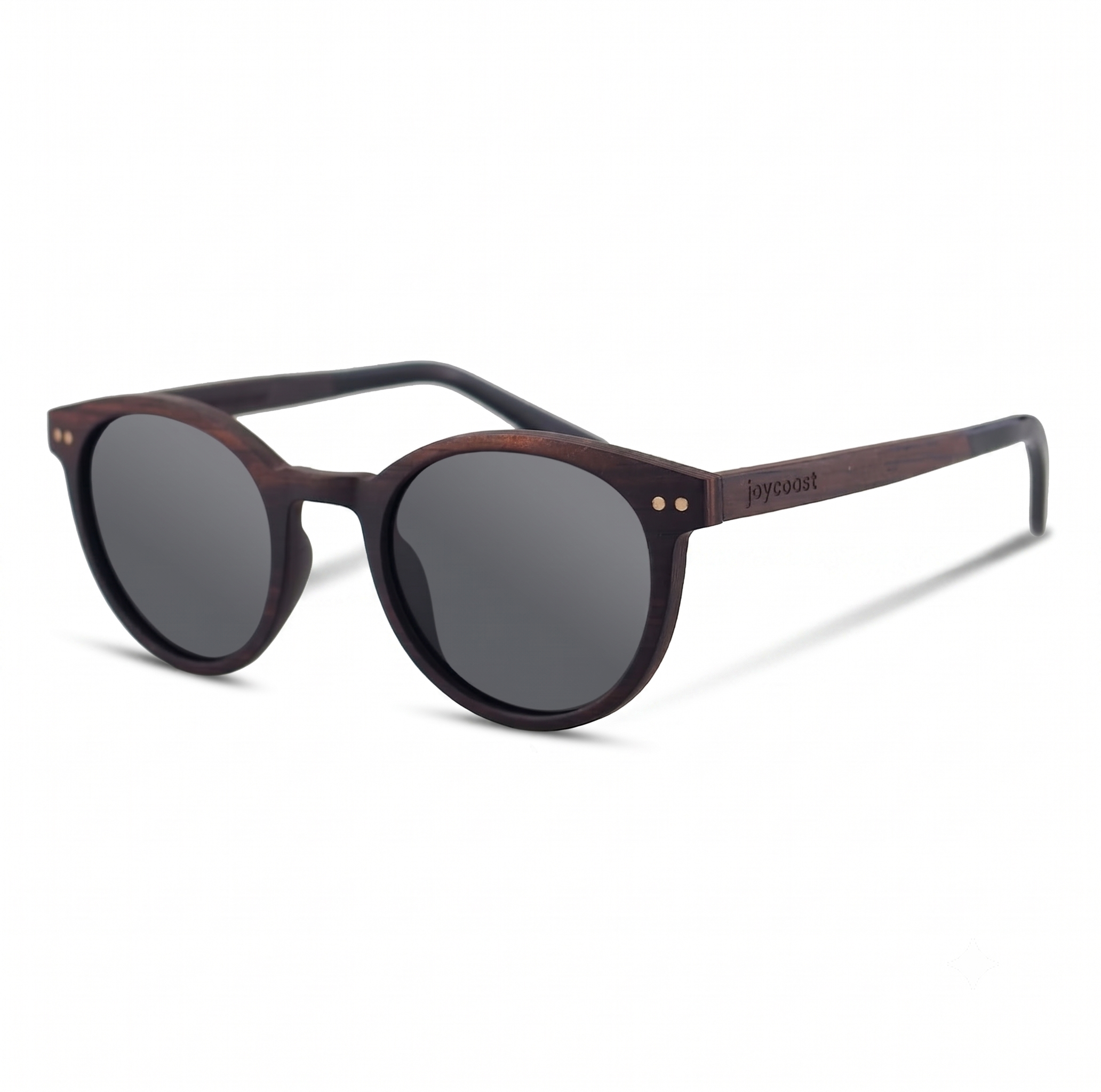 Wood-style round sunglasses with dark lenses and straight thin arms