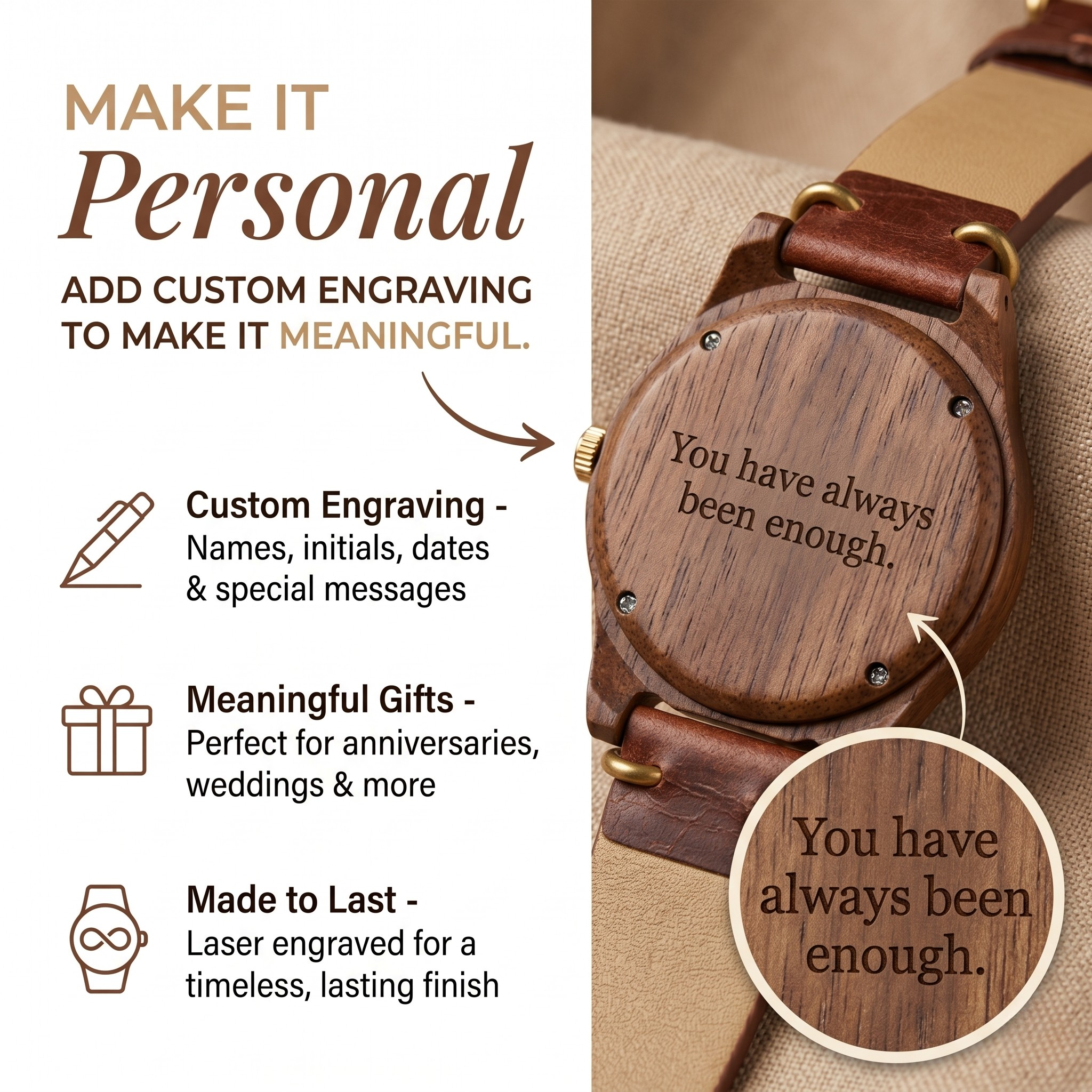 Walnut leather strap watch with custom engraving on the wooden case back, brown band.