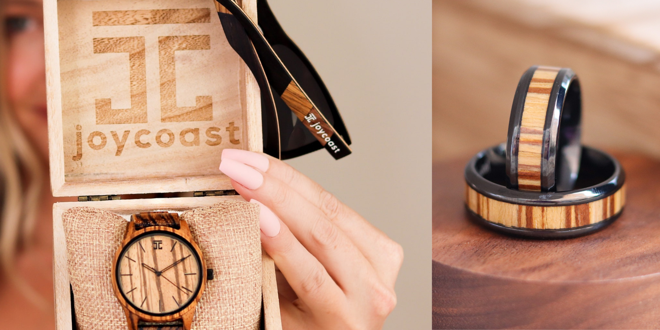  A woman holding a stylish watch in one hand and a wooden watch box in the other, showcasing a luxury timepiece.