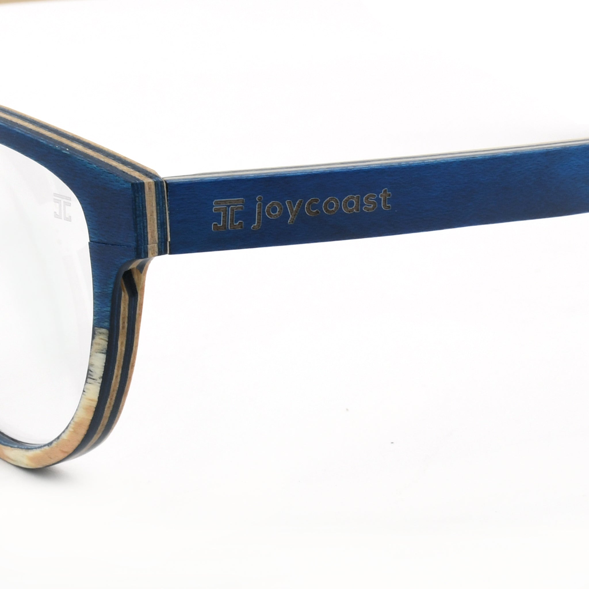 Blue temple with gold joycoast logo and clear lens rim on reading glasses