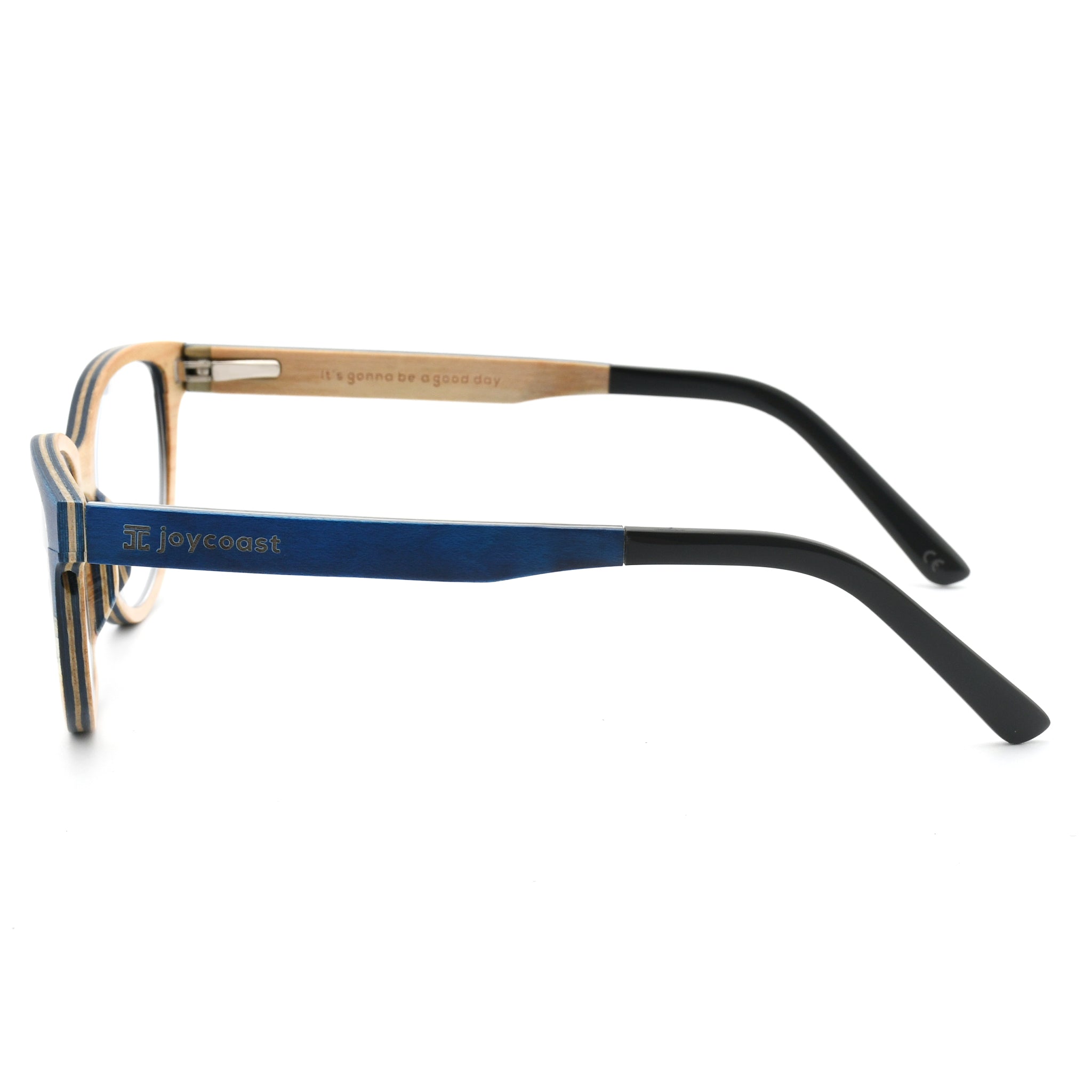 Blue and wood reading glasses with black temples and metal hinge detail