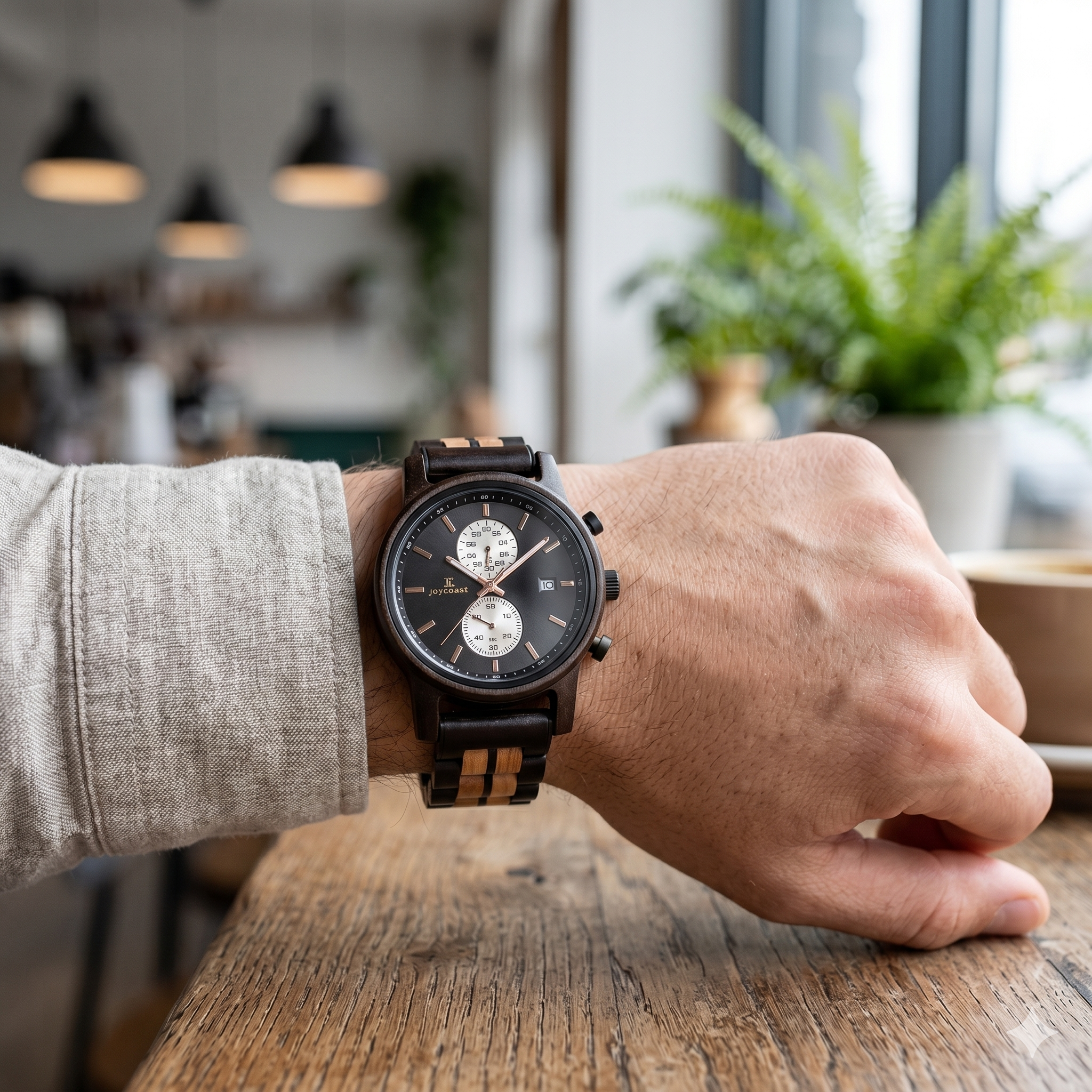 Two-tone walnut chronograph watch on wrist with black dial and dark wood link band