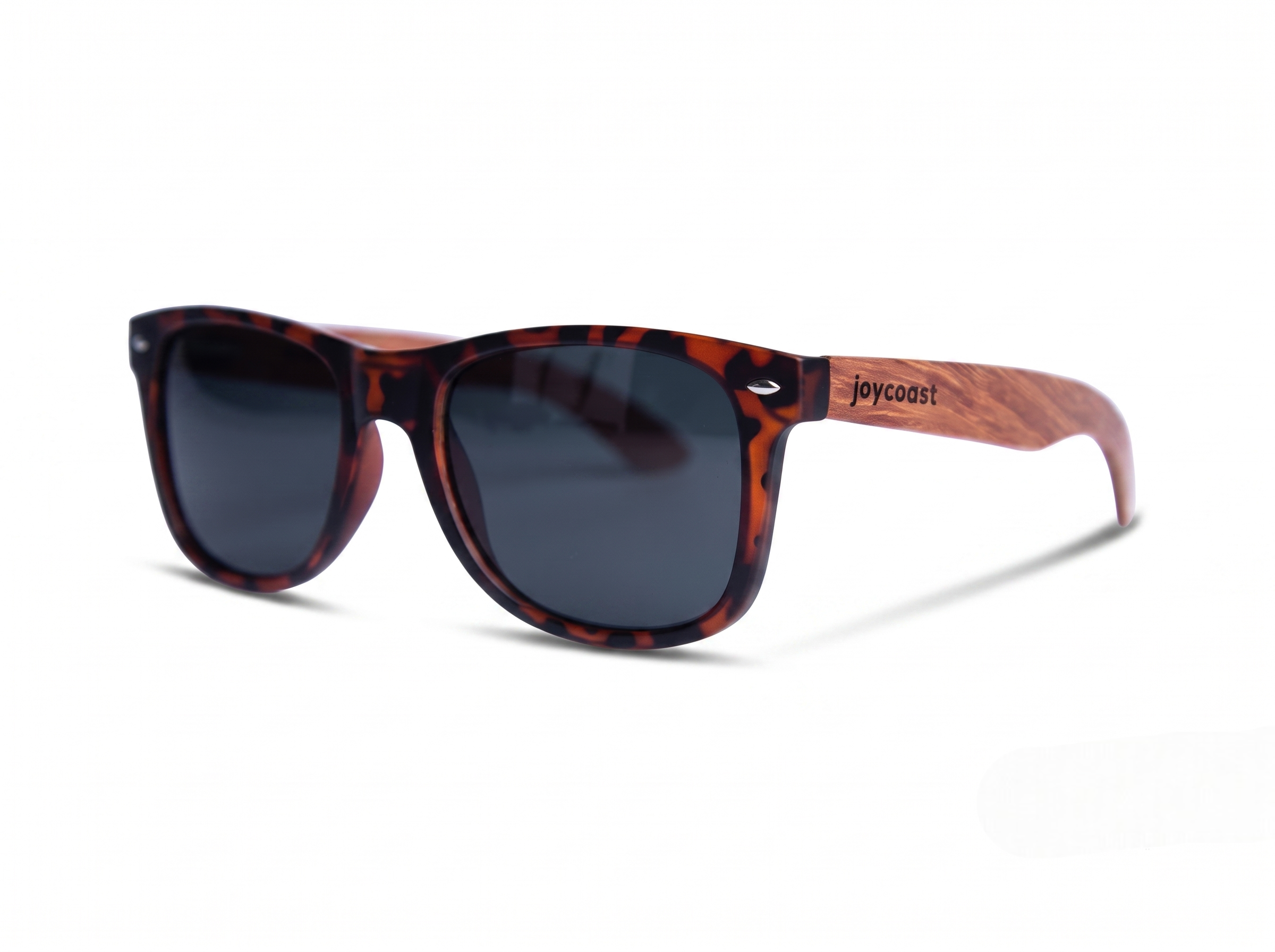 Wooden tortoise sunglasses with dark lenses and curved temple tips