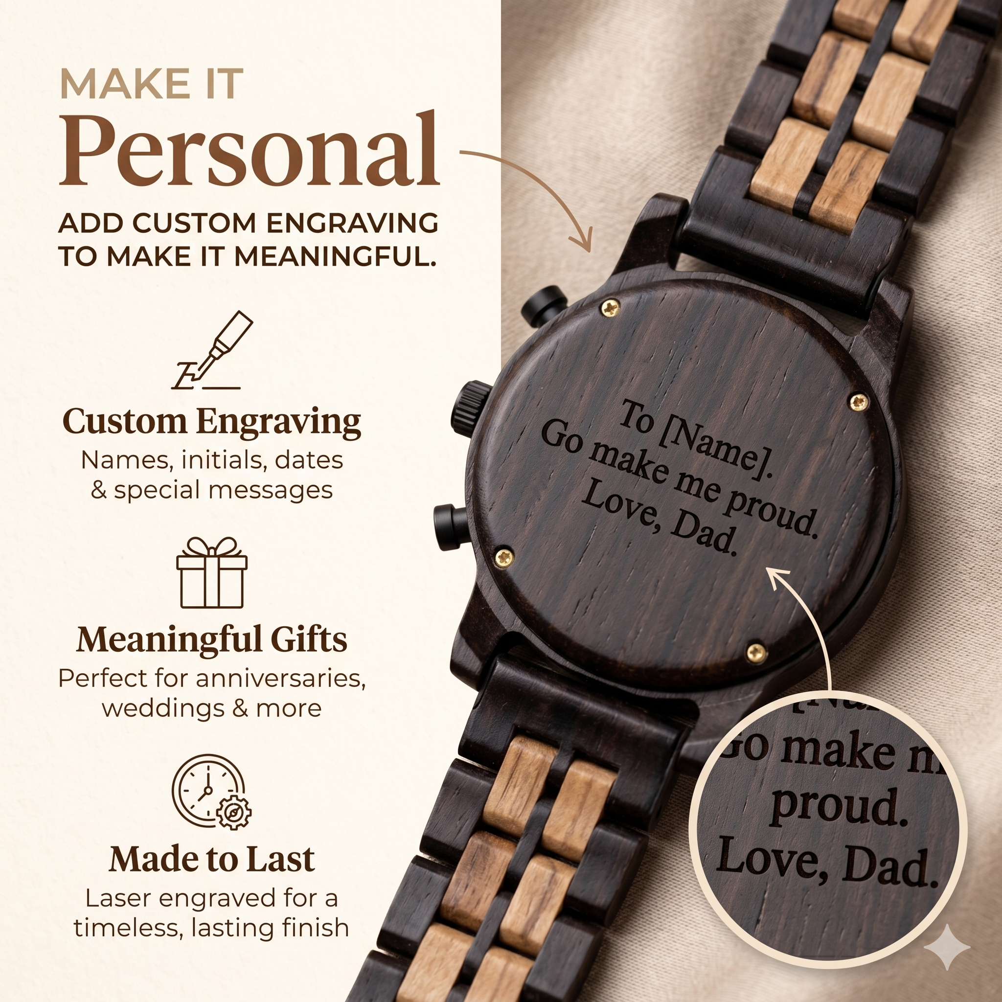 Two-tone walnut chronograph watch with custom engraving on dark wooden case back