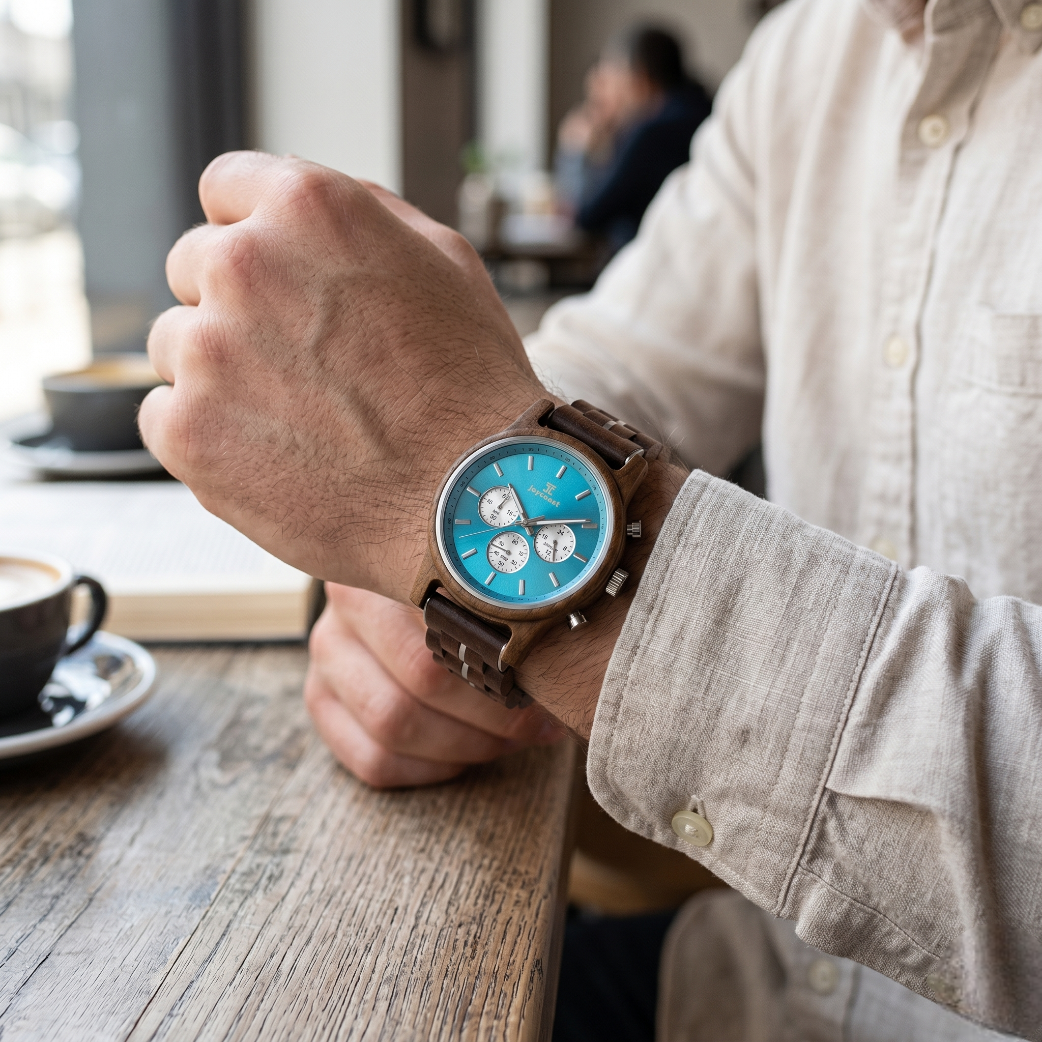 Walnut chronograph watch on wrist with blue dial and wooden link band