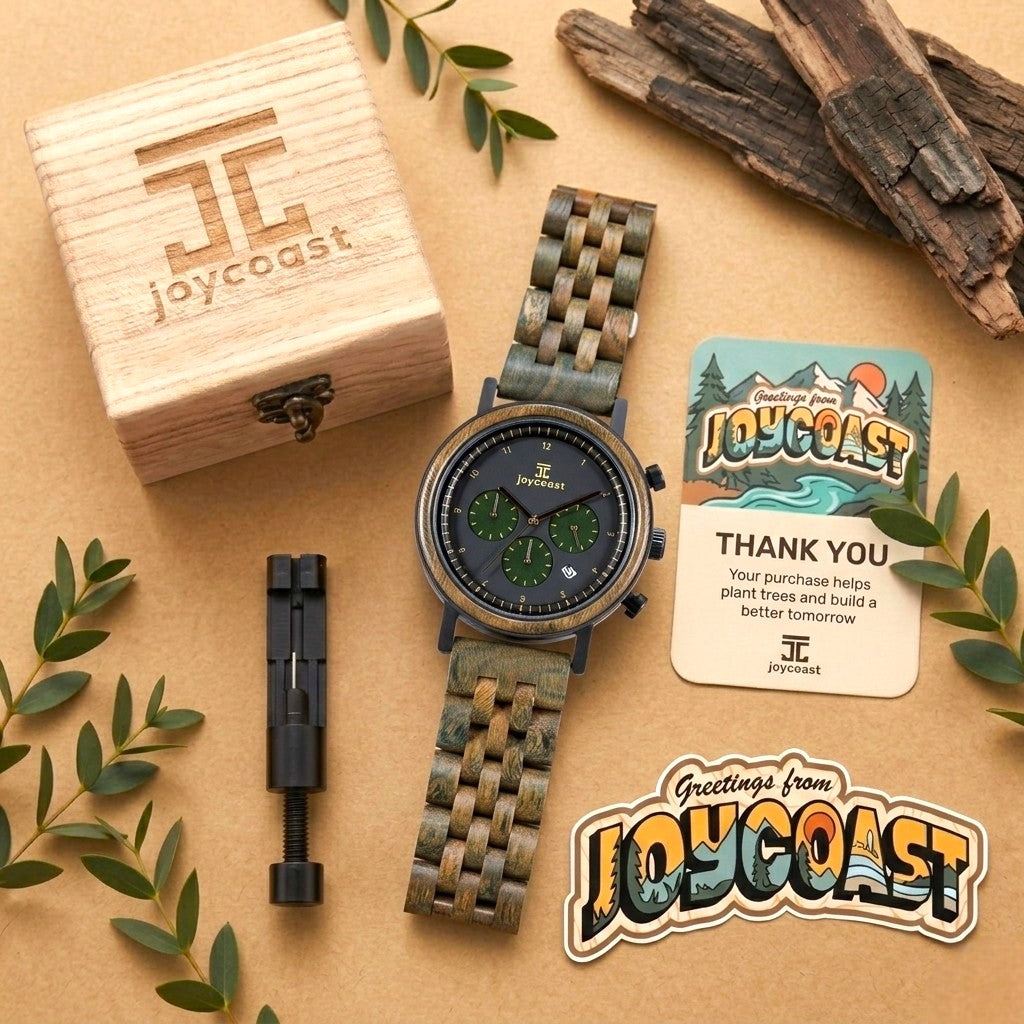Wooden chronograph watch with dark green dial and olive woven band