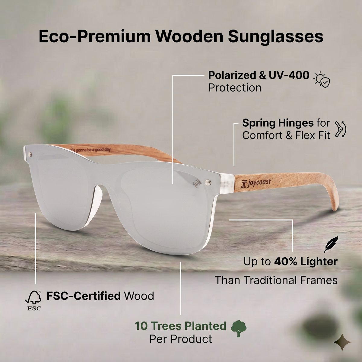 Brite walnut wooden sunglasses with light gray lenses and angled wooden temples