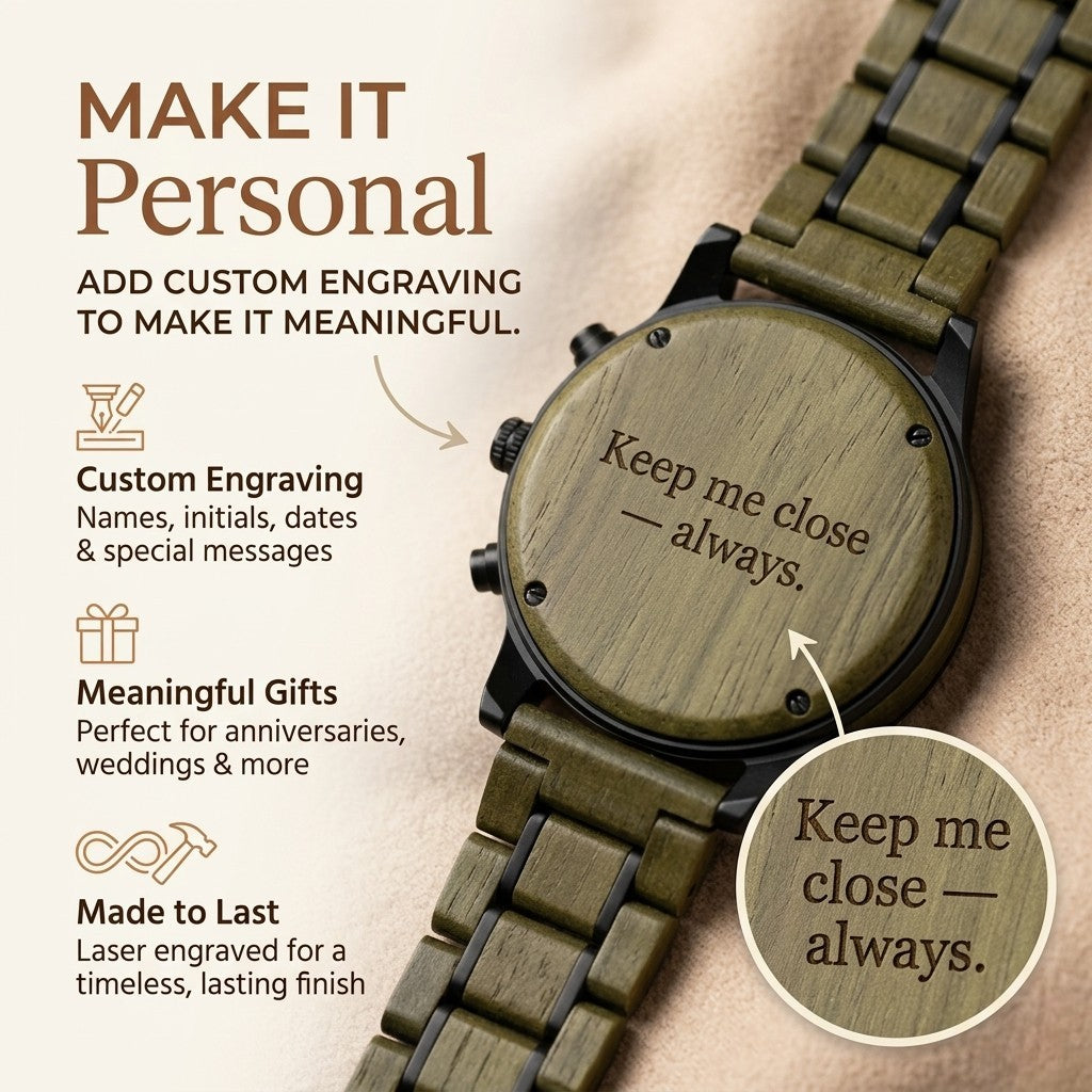 Wooden chronograph watch with engraved wording on dark green dial