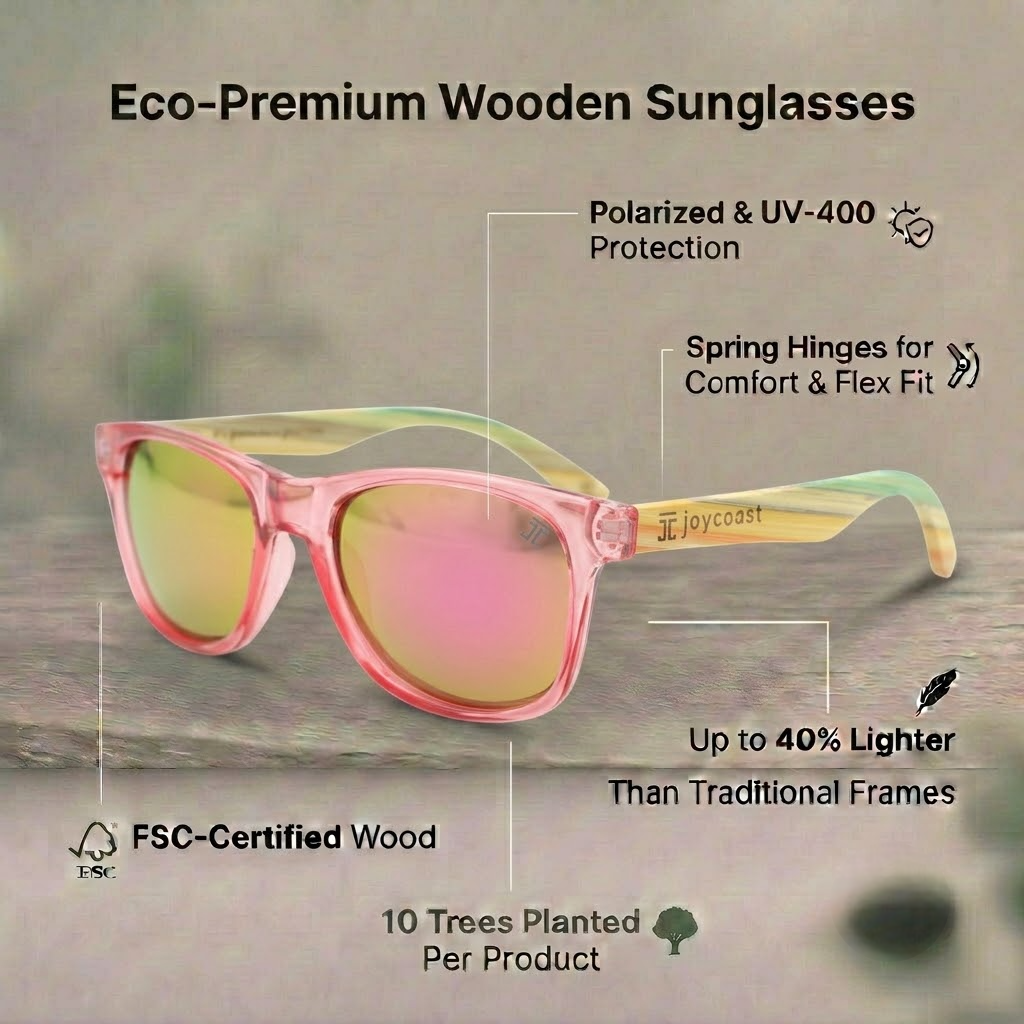 Glowy acetate wooden sunglasses, pink frames with mirrored lenses