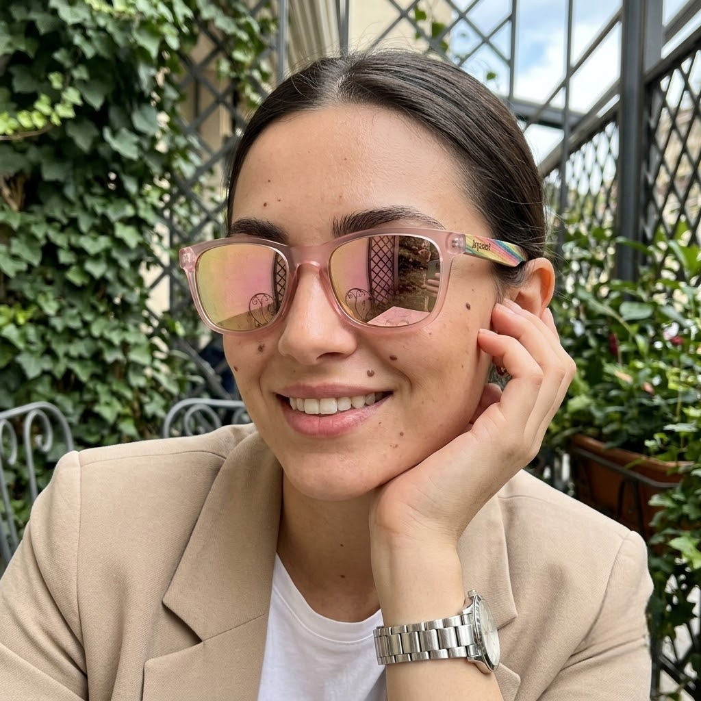 Glowy acetate wooden sunglasses on model, pink frames and mirrored lenses