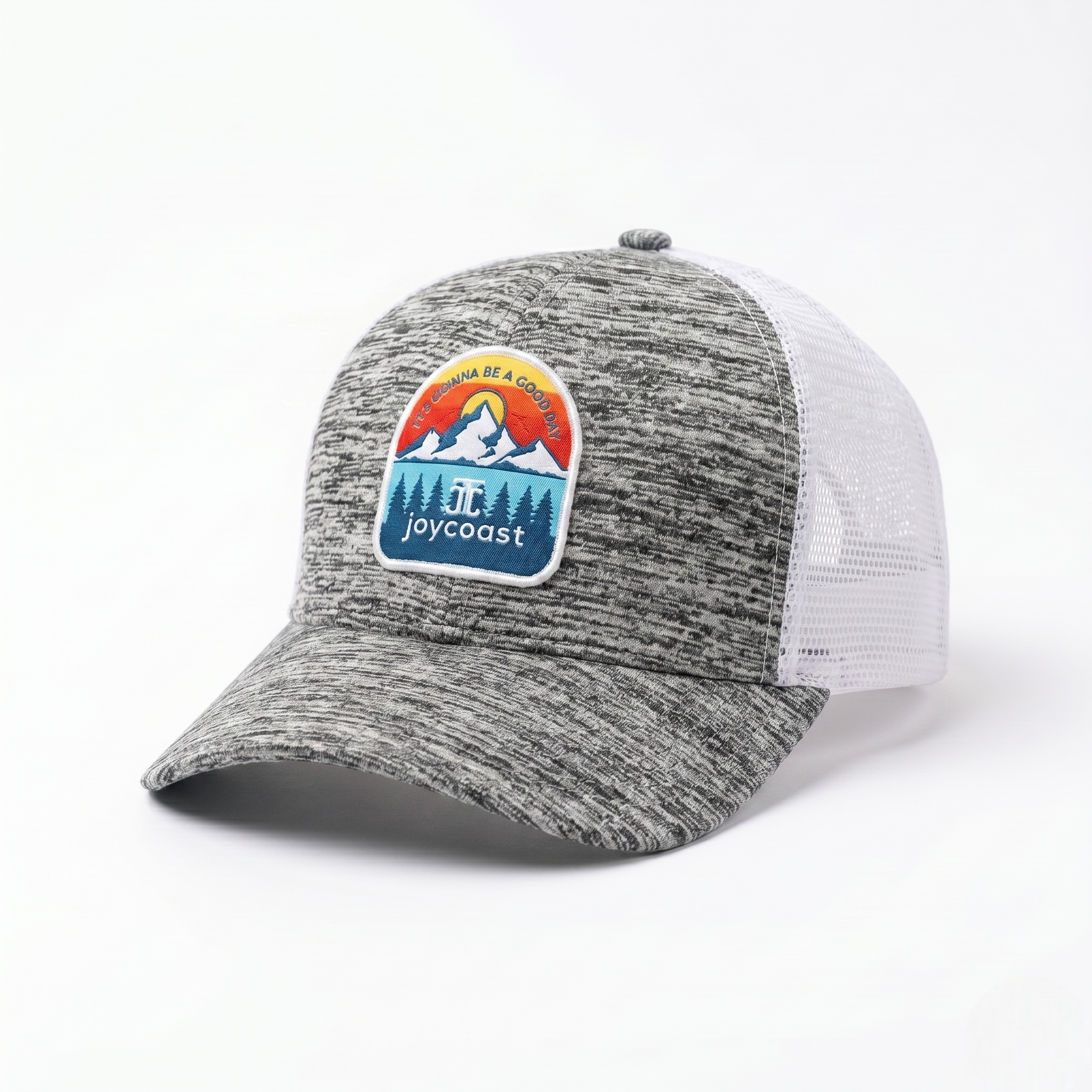 Gray heather front trucker hat with white mesh back and colorful Joycoast mountain patch logo on the front panel.