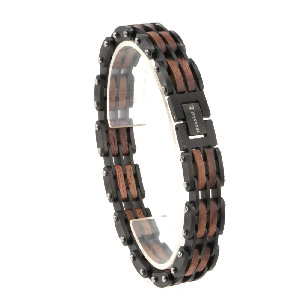 Men's walnut wood bracelet with black frame and metallic rivets, clasp centered