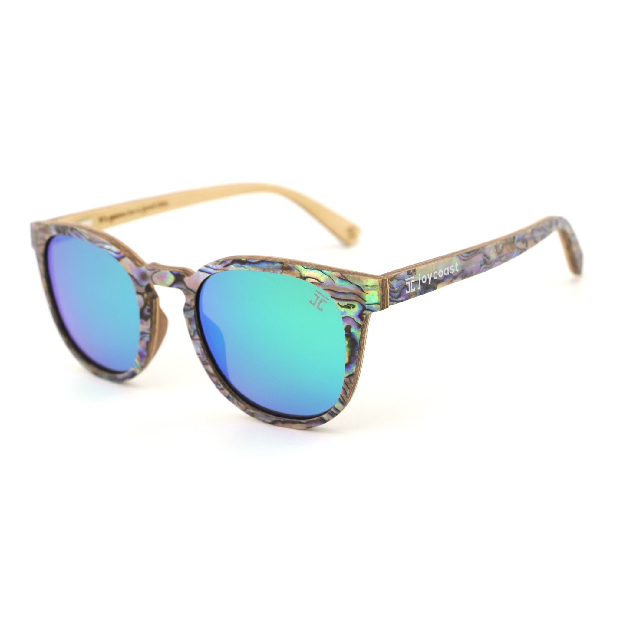 Square sunglasses with iridescent frame and aqua-blue lenses, wooden arms.