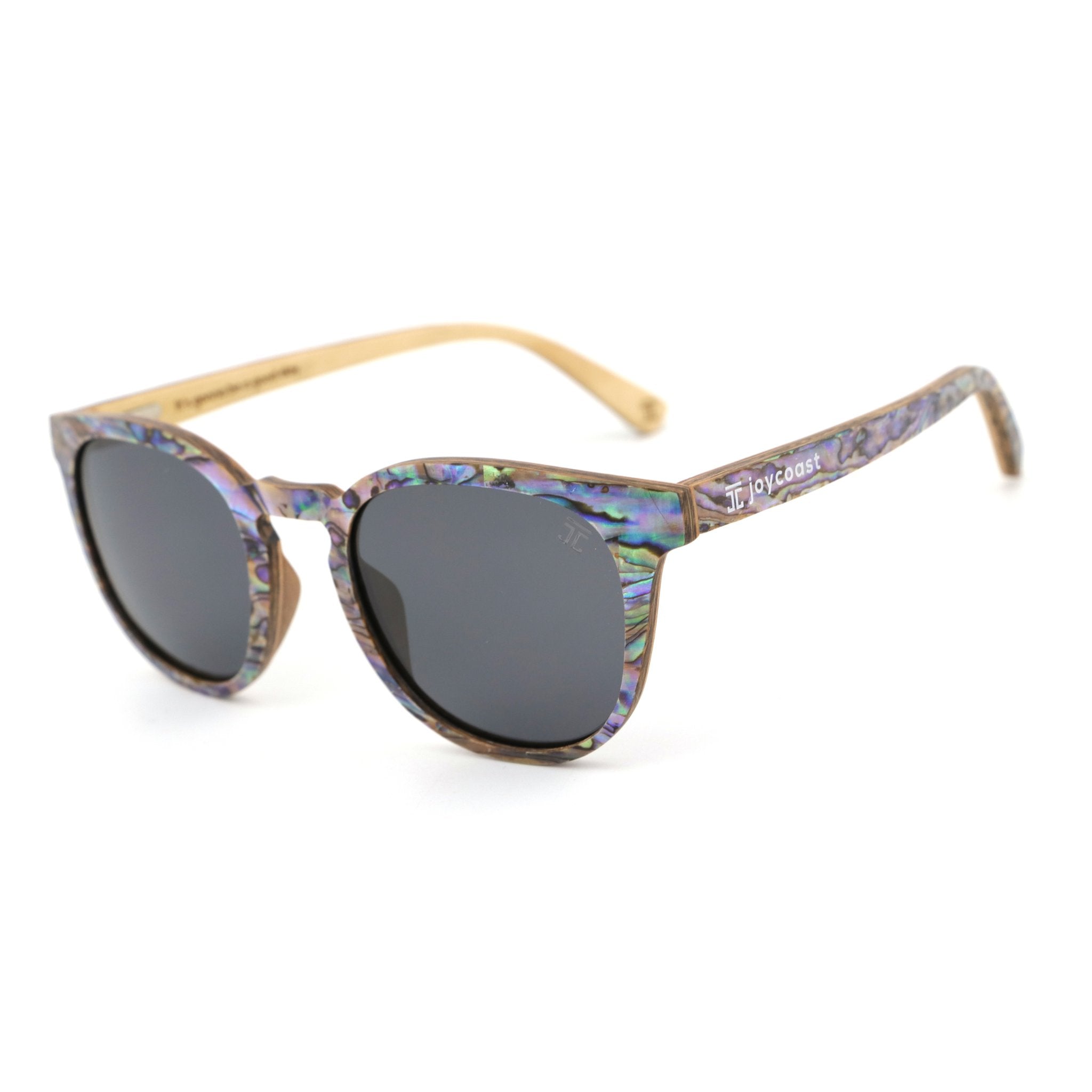 Square sunglasses with iridescent frame, dark lenses, and wooden arms.