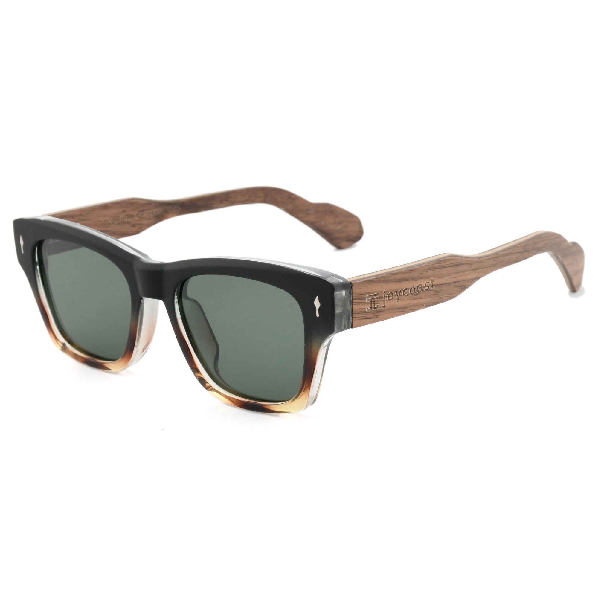 Black sunglasses with green lenses and walnut-veneer temple arms
