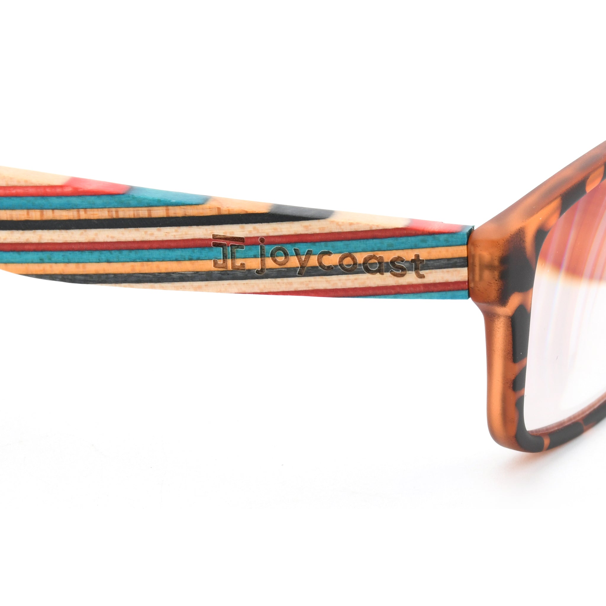 Reading glasses side view, orange frame with multicolor stripe temple detail
