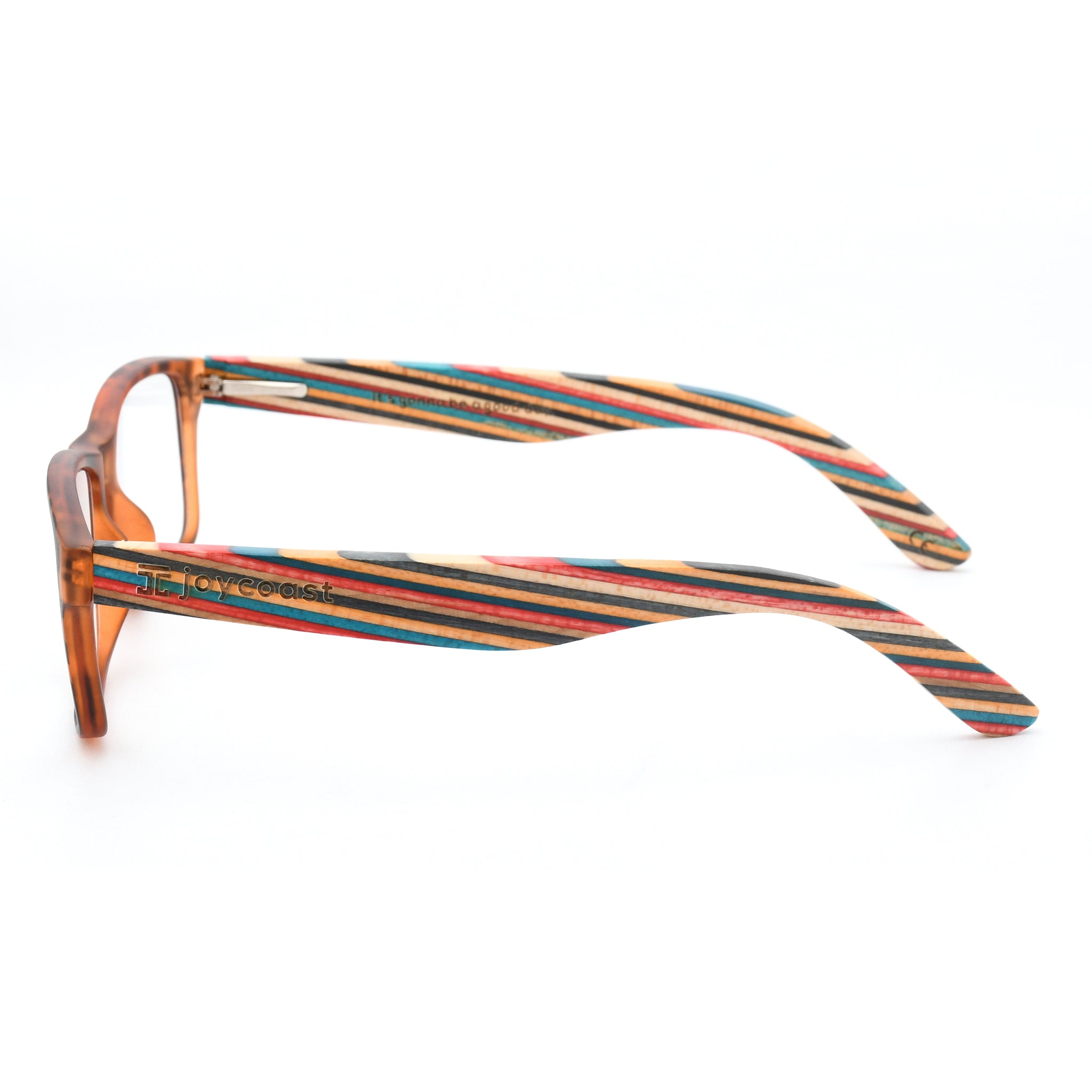 Reading glasses side view, orange frame with multicolor stripe arms