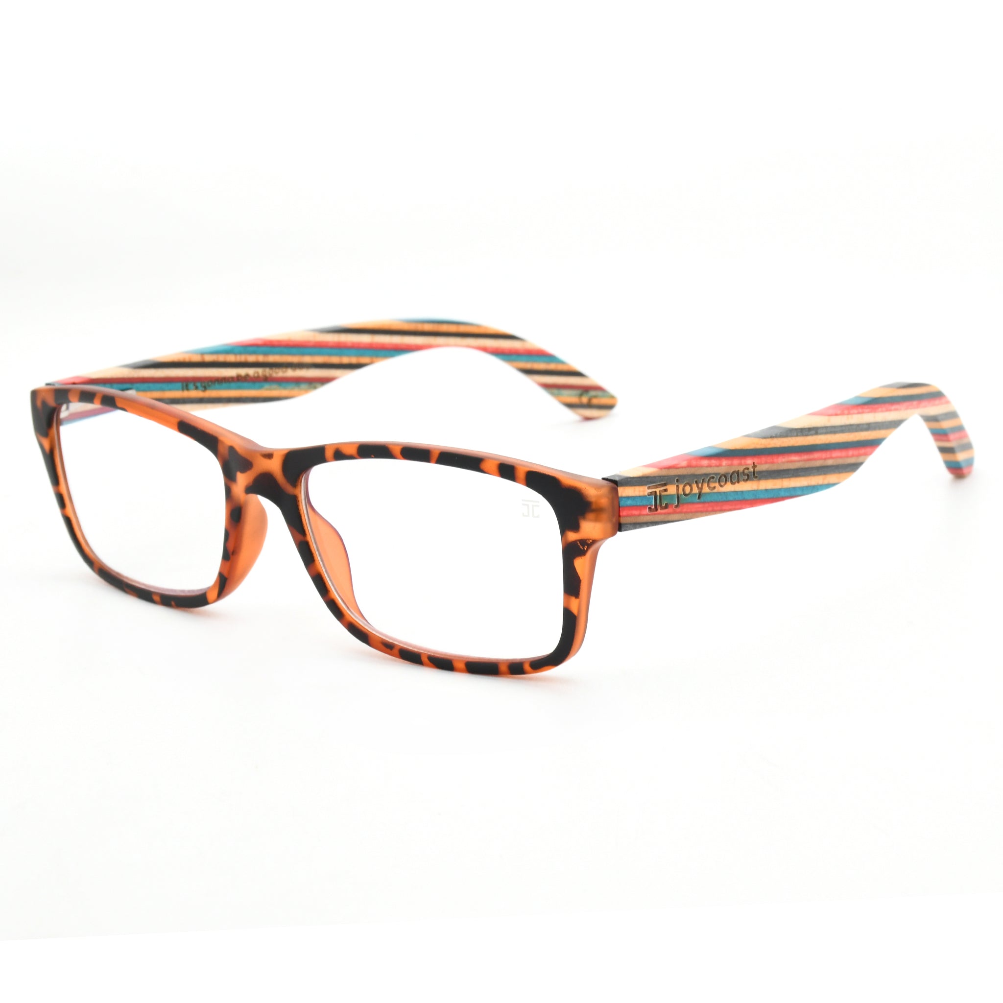 Reading glasses three-quarter view, orange tortoise frame with multicolor stripe temples
