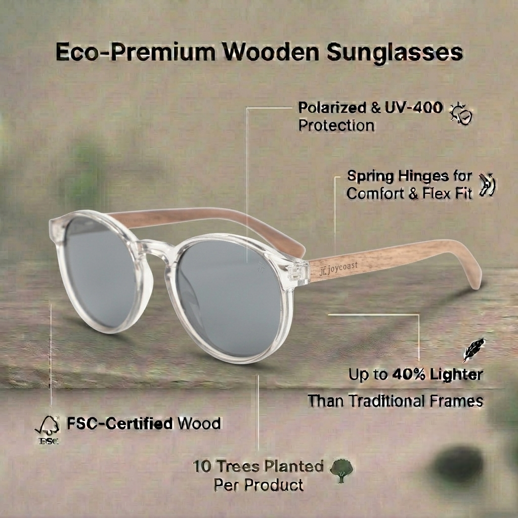 Jiras kids round sunglasses with dark lenses and light-toned wooden frame, spring hinges