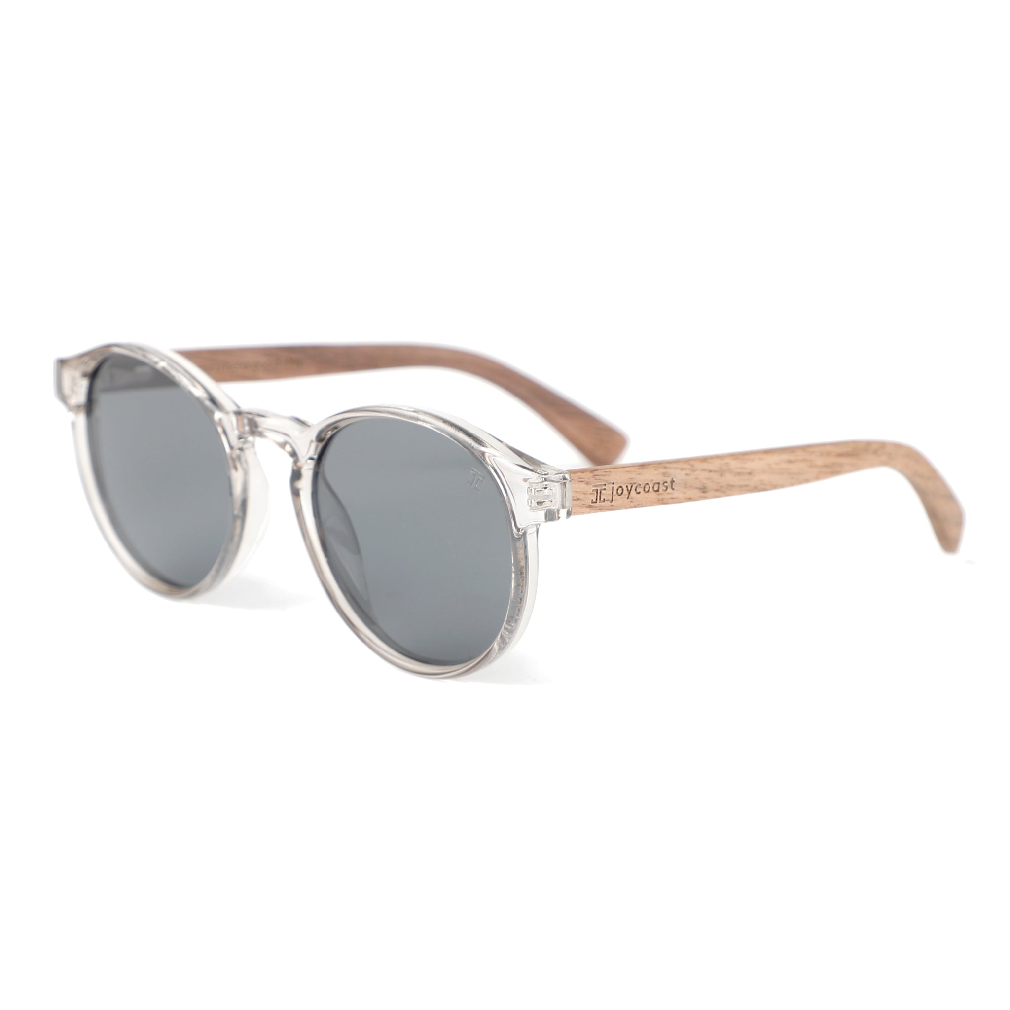 Kids round sunglasses with clear frame, brown temples, and dark gray lenses