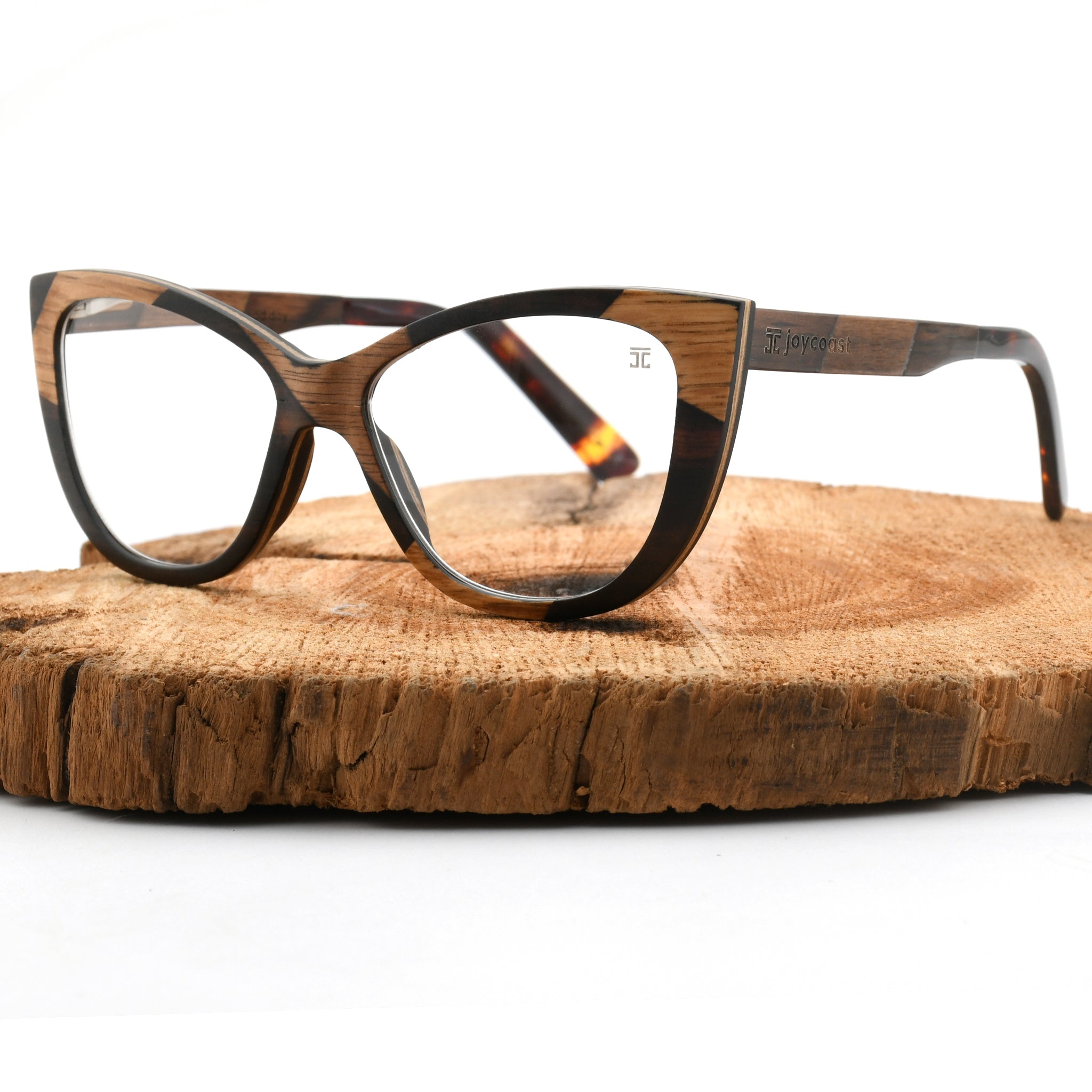 Wooden reading glasses with dark tortoise-style frame and round clear lenses.