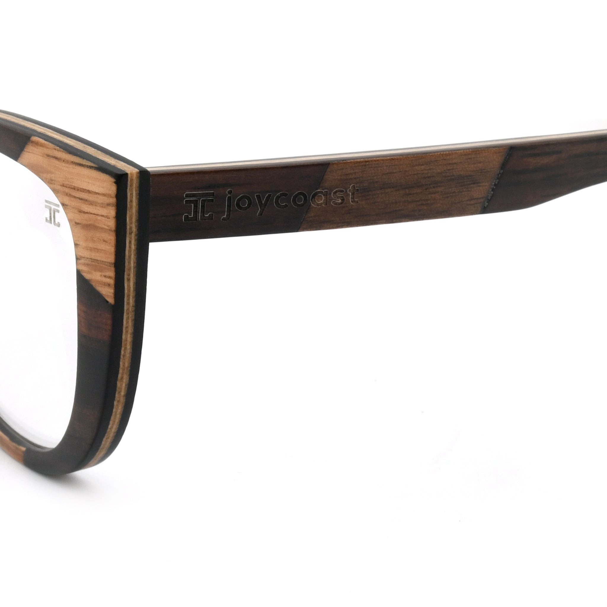 Wooden reading glasses bridge and temple, dark front with engraved logo on wood.