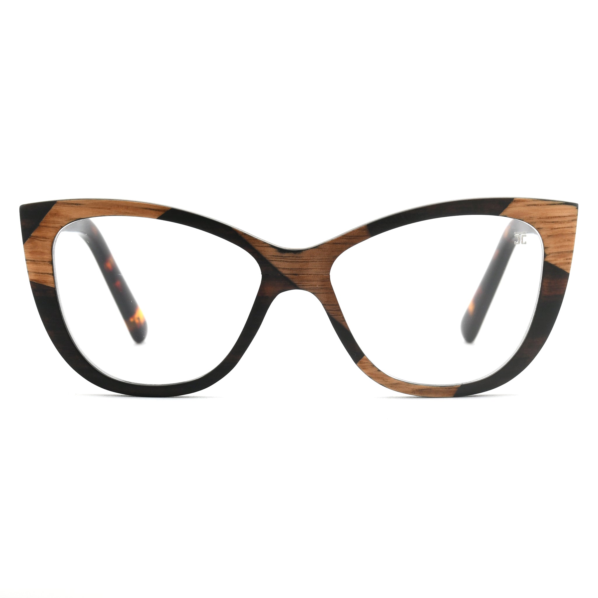 Wooden reading glasses front view with round frames, dark rims, and clear lenses.