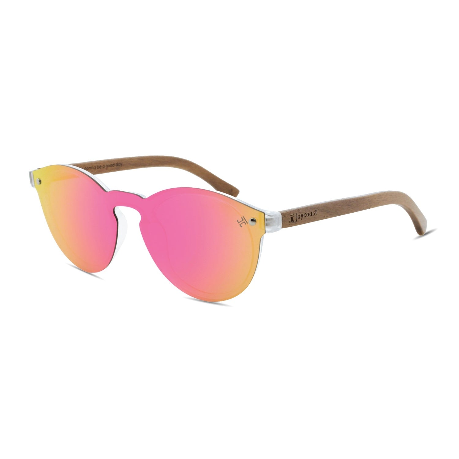 Joycoast Winnie Pink sunglasses with pink mirrored lenses and wooden arms on a white background.