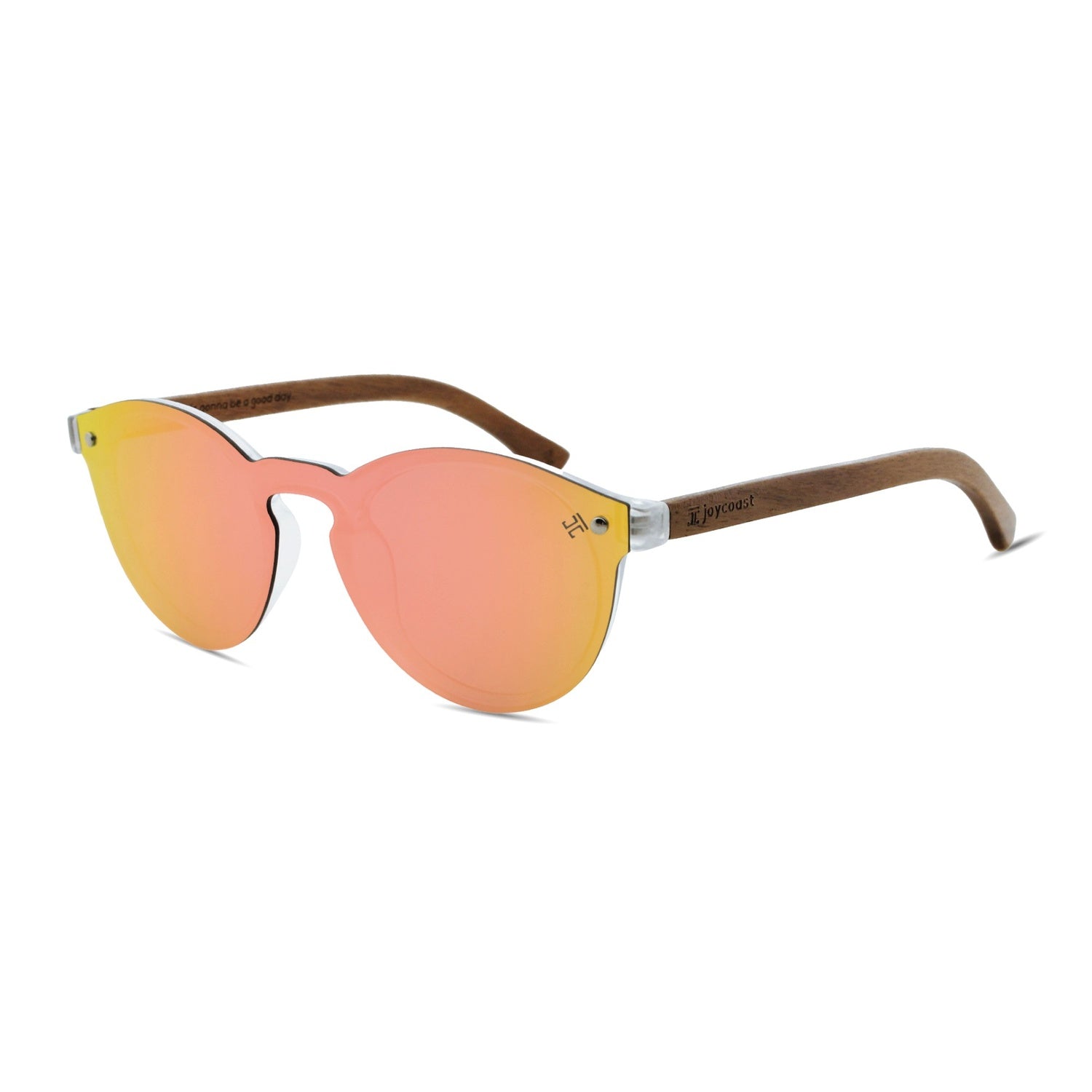 Sunglasses with rose-gold-tinted lenses and brown wooden frame on a white background