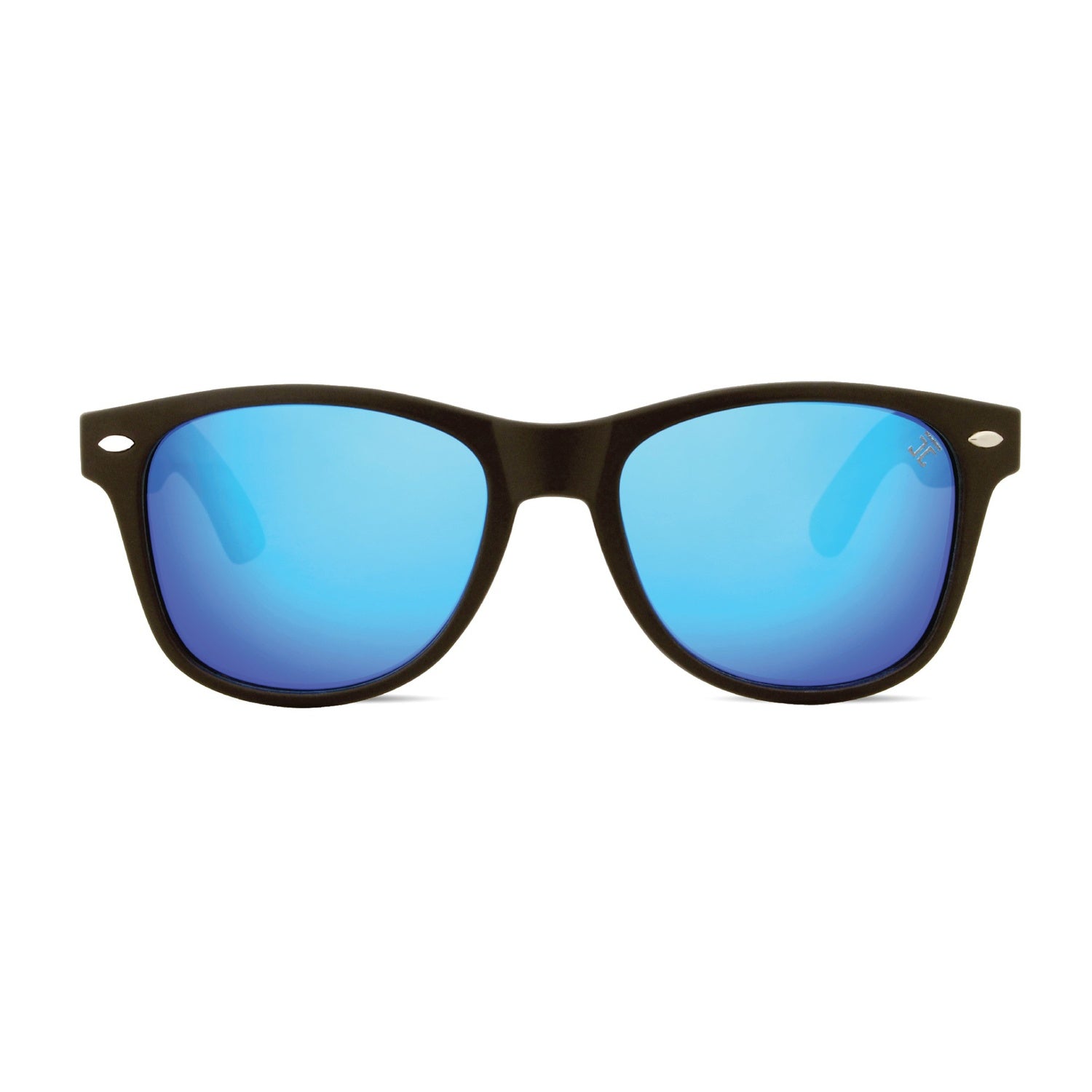 Black-framed sunglasses with blue reflective lenses on a white background for kids