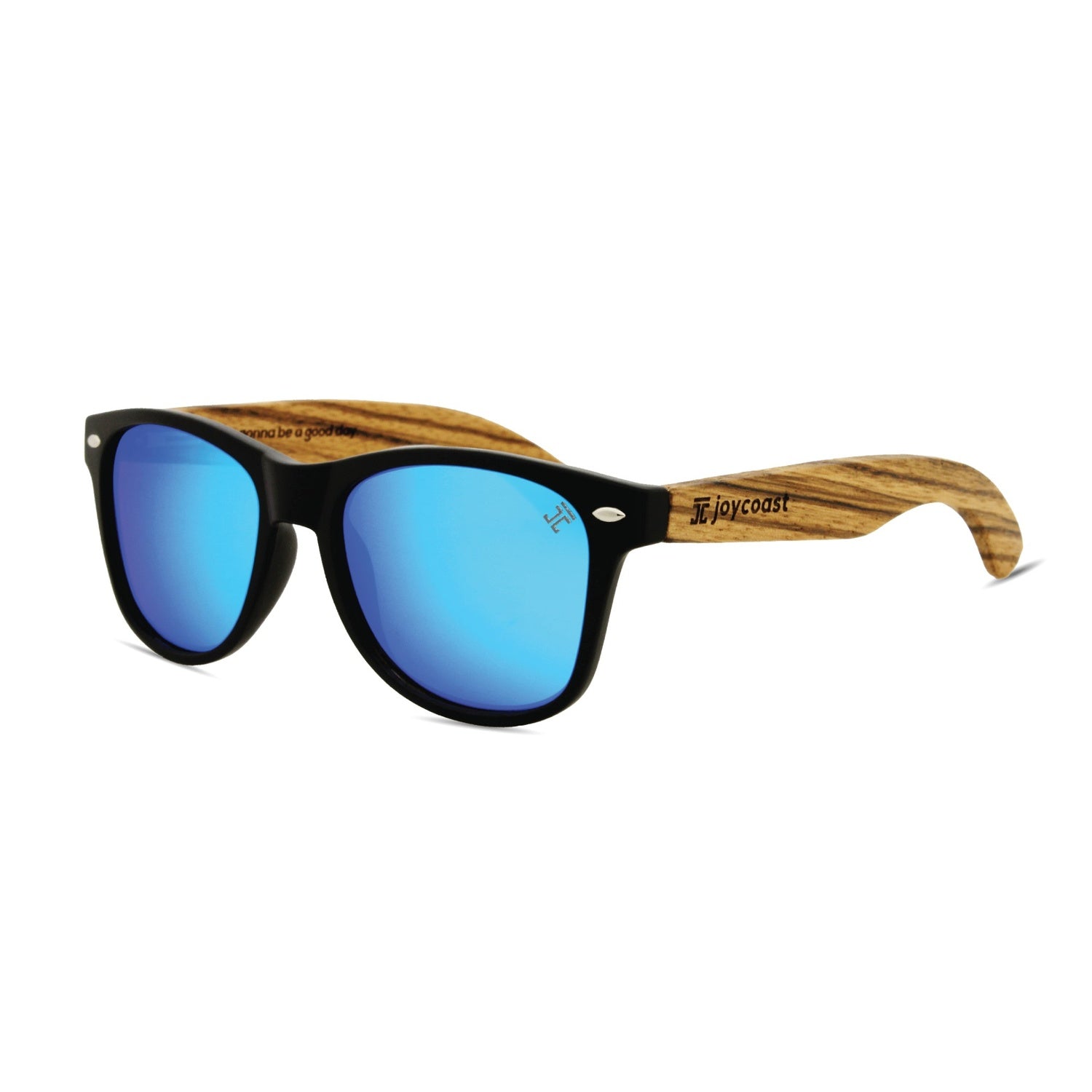 Sunglasses with blue lenses and wooden frame on a white background for kids