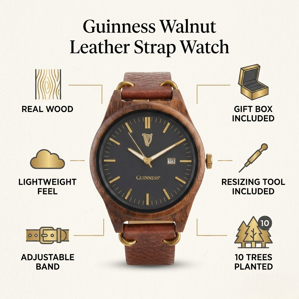 Walnut leather strap watch, brown strap and dark dial with gold hour markers